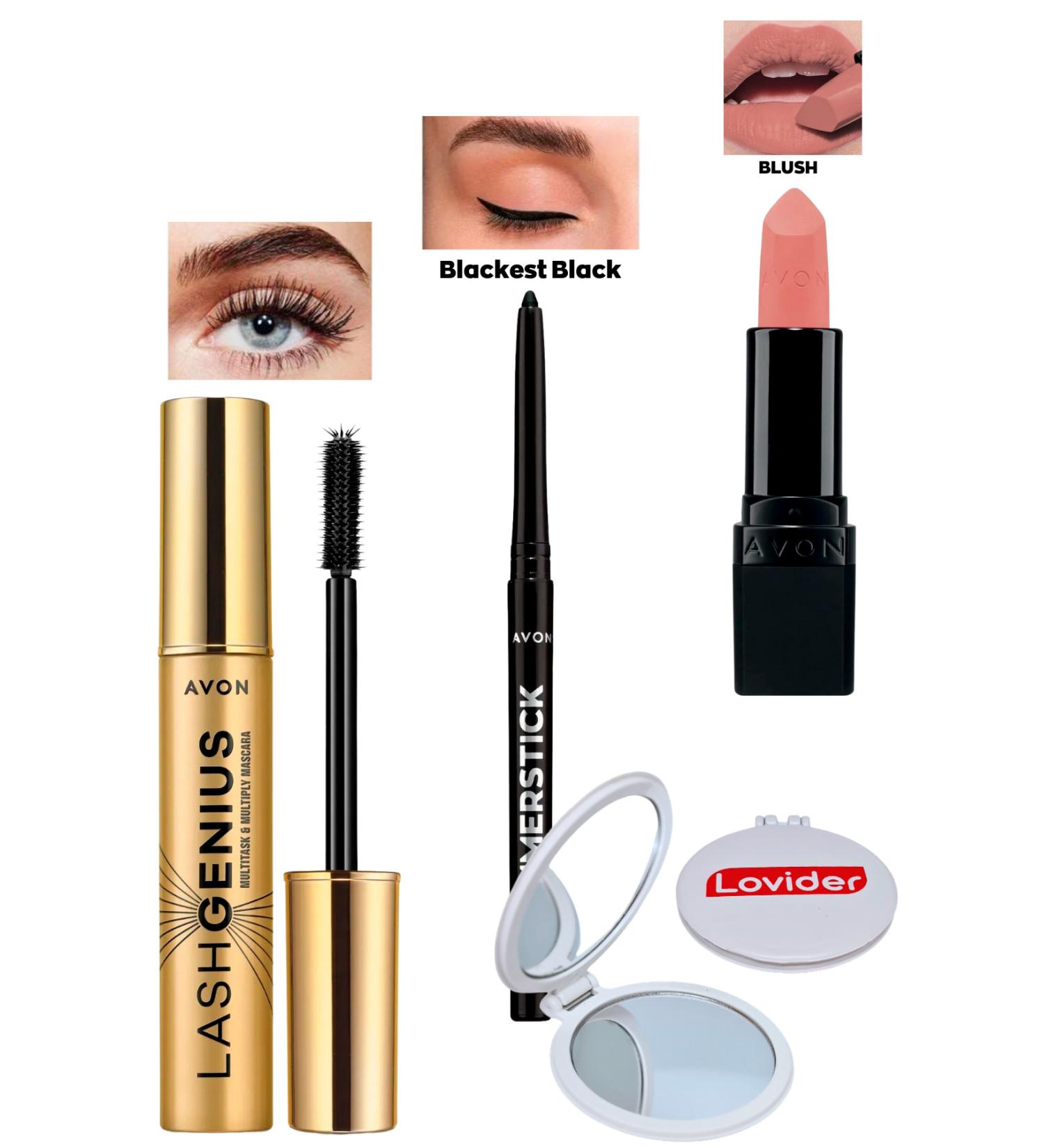 Avon Lash Genius Mascara + Black Eyeliner + Blush Matte Lipstick + Lovider Pocket Mirror