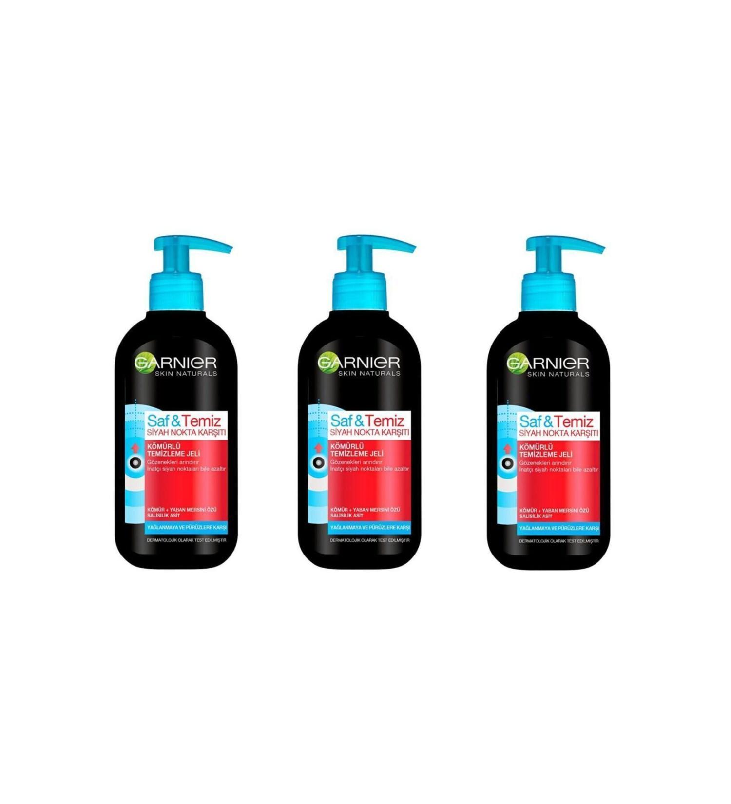 Garnier 3' Garnier Pure and Clean Stubborn Anti-Blackhead Charcoal Cleansing Gel 3 * 200 Ml - Buy Online on GoSupps.com