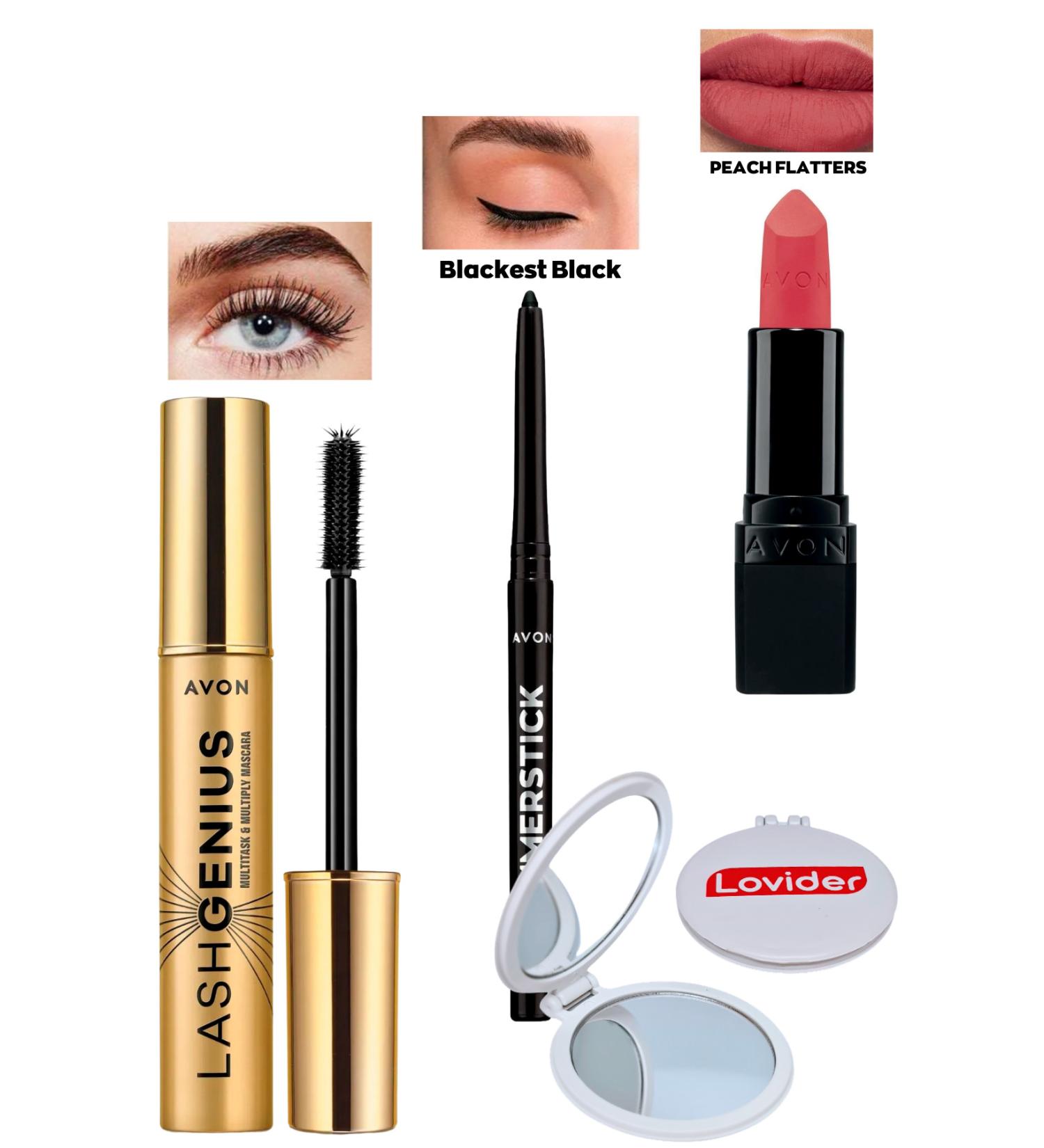 Avon Lash Genius Mascara + Black Eyeliner + Peach Flatters Matte Lipstick + Lovider Pocket Mirror