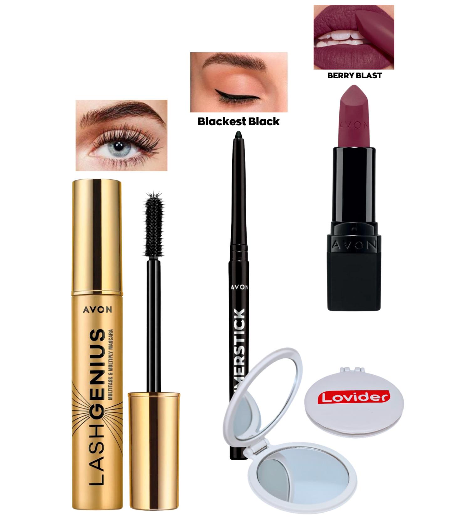 Avon Lash Genius Mascara + Black Eyeliner + Berry Blast Matte Lipstick + Lovider Pocket Mirror - Buy Online on GoSupps.com