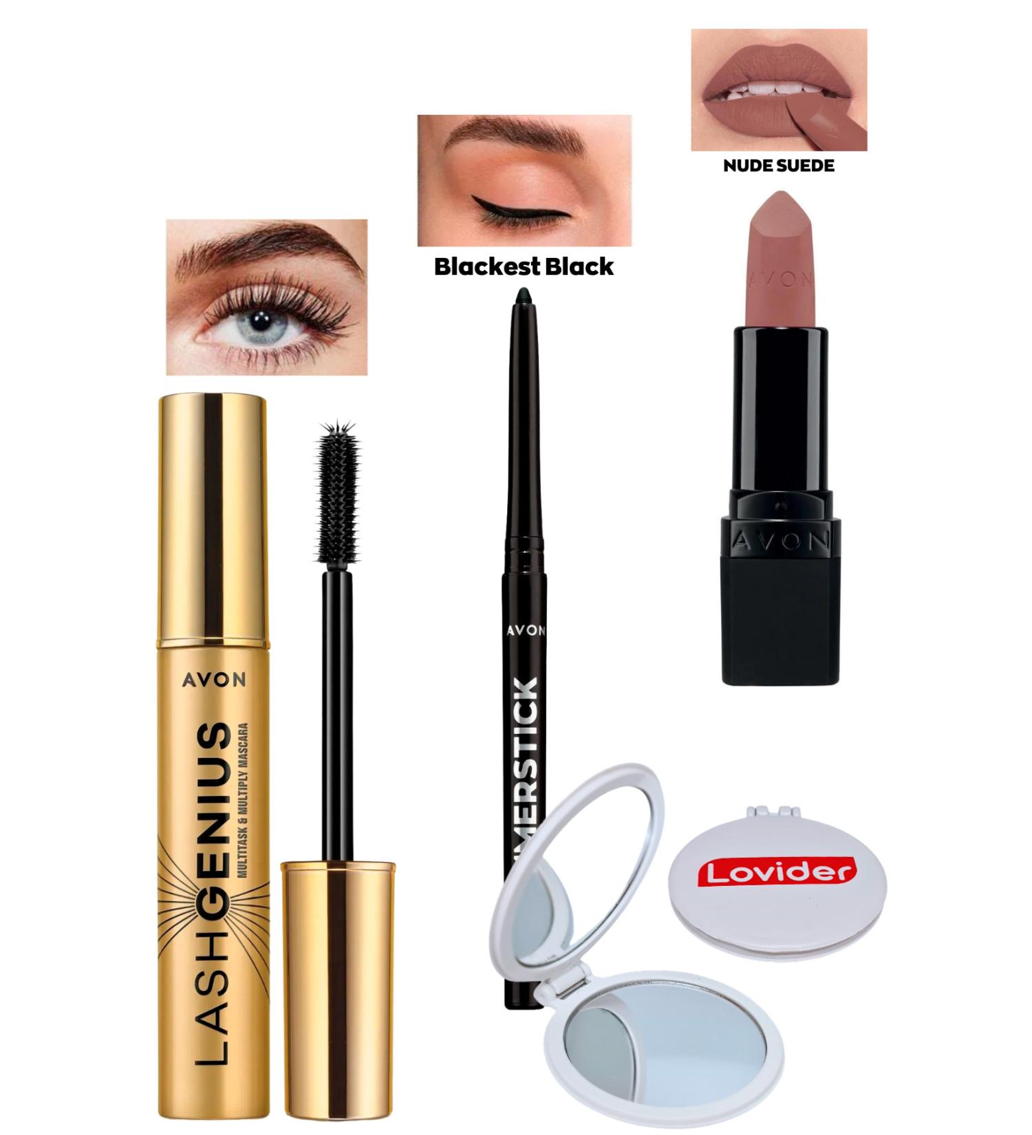 Avon Lash Genius Mascara + Black Eyeliner + Nude Suede Matte Lipstick + Lovider Pocket Mirror - Buy Online on GoSupps.com