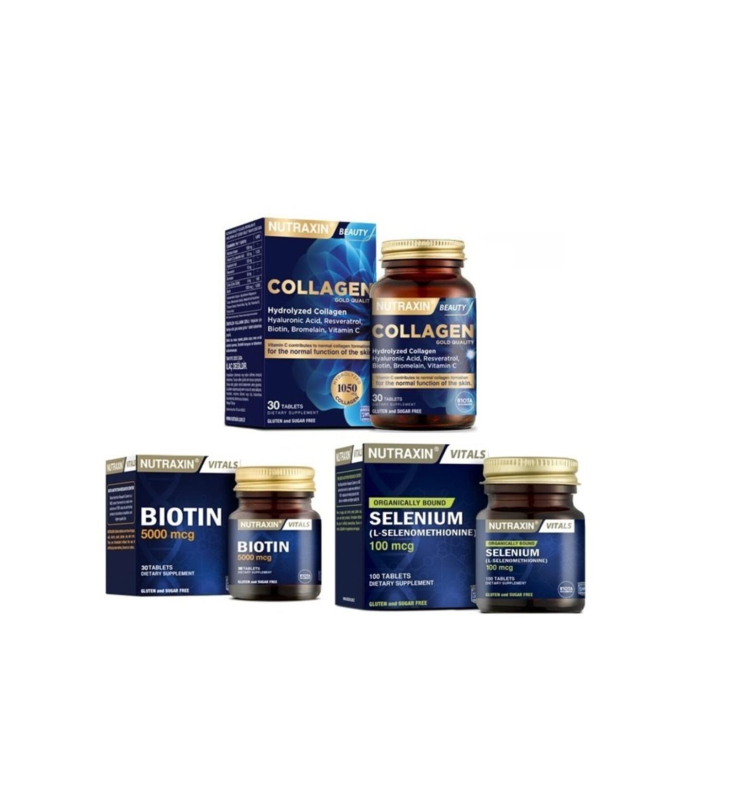 Nutraxin Biotin 5000 Mcg 30 Tablets + Hydrolyzed Collagen Containing 30 Tablets + Selenium 100 Mcg 100 Tablets