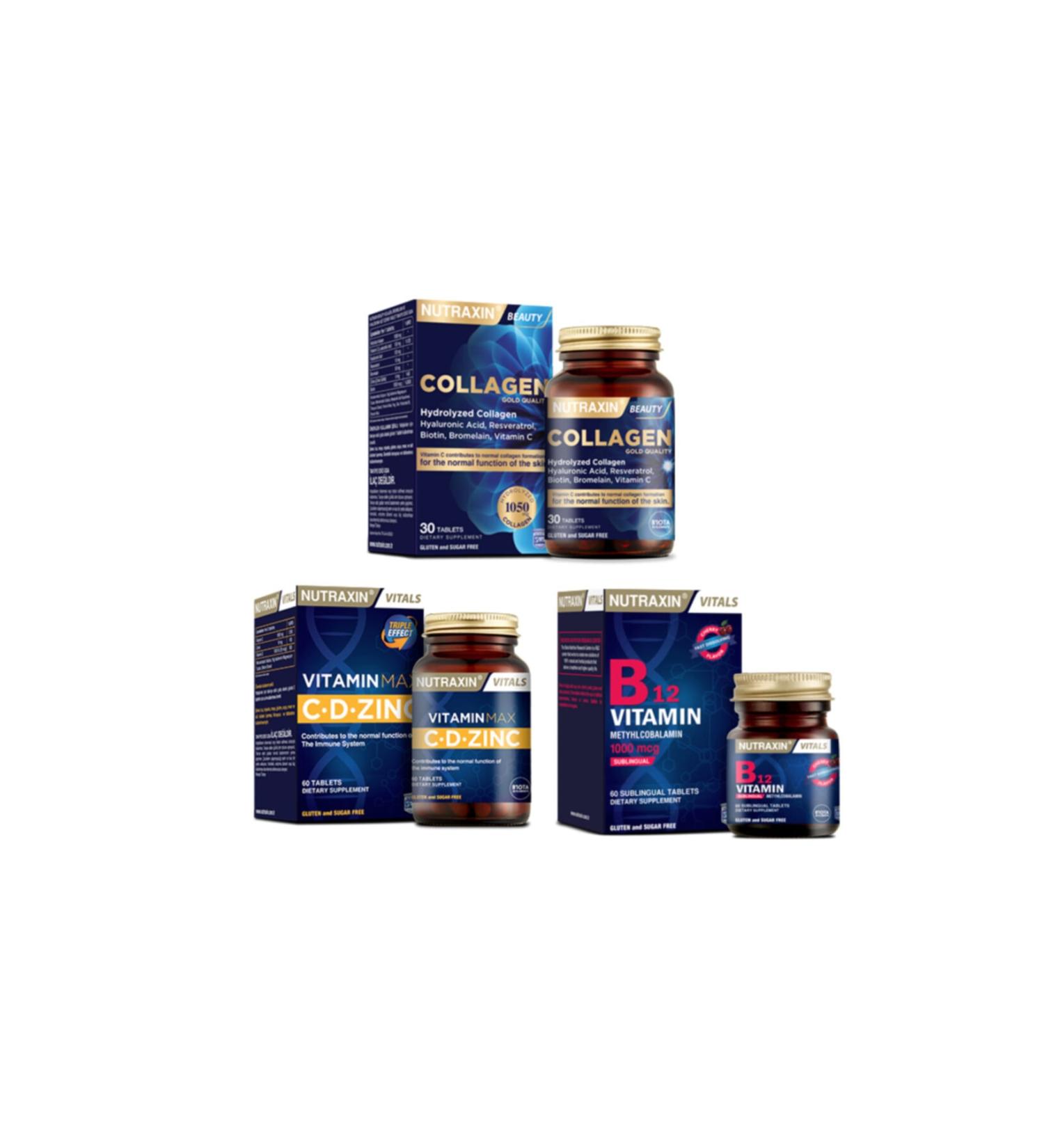 Nutraxin Hydrolyzed Collagen Hyaluronic Acid 30 Tablets + Vitamin Max (c d Zinc) 60 Tablets + Vitamin b12 60 Sublingual