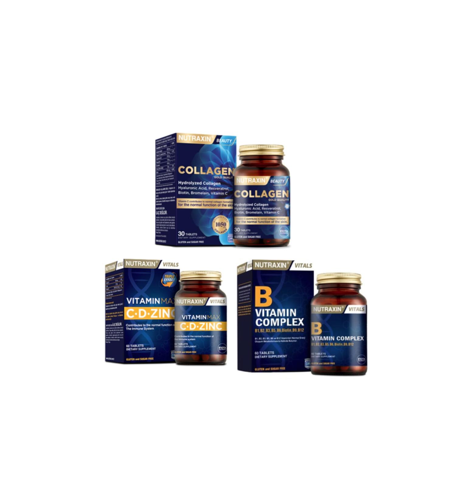 Nutraxin Hydrolyzed Collagen Hyaluronic Acid 30 Tablets + Vitamin Max (c d Zinc) 60 Tablets + Vitamin B 60 Tablets