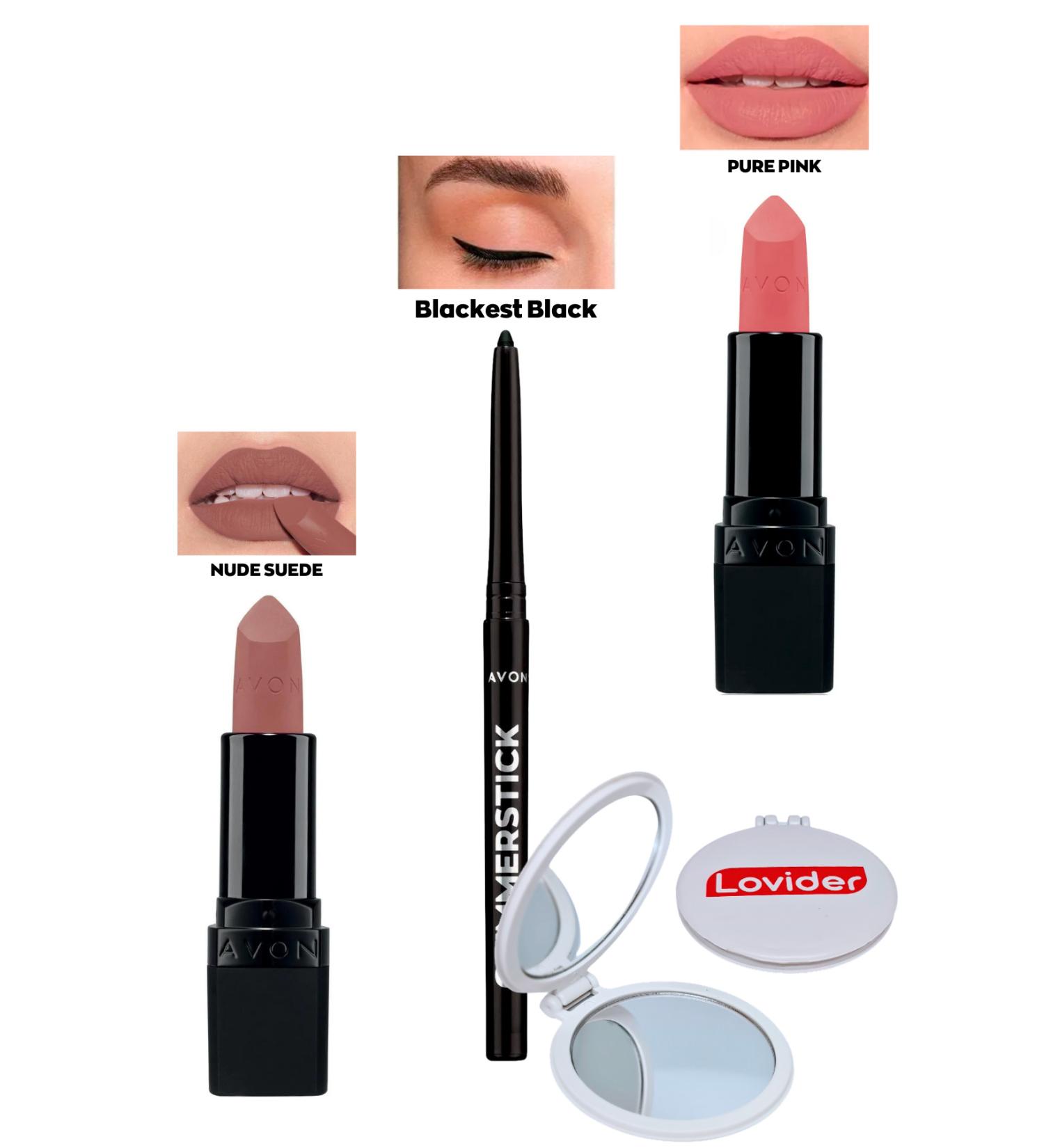 Avon Nude Suede Matte Lipstick + Black Eyeliner + Pure Pink Matte Lipstick + Lovider Pocket Mirror - Buy Online on GoSupps.com