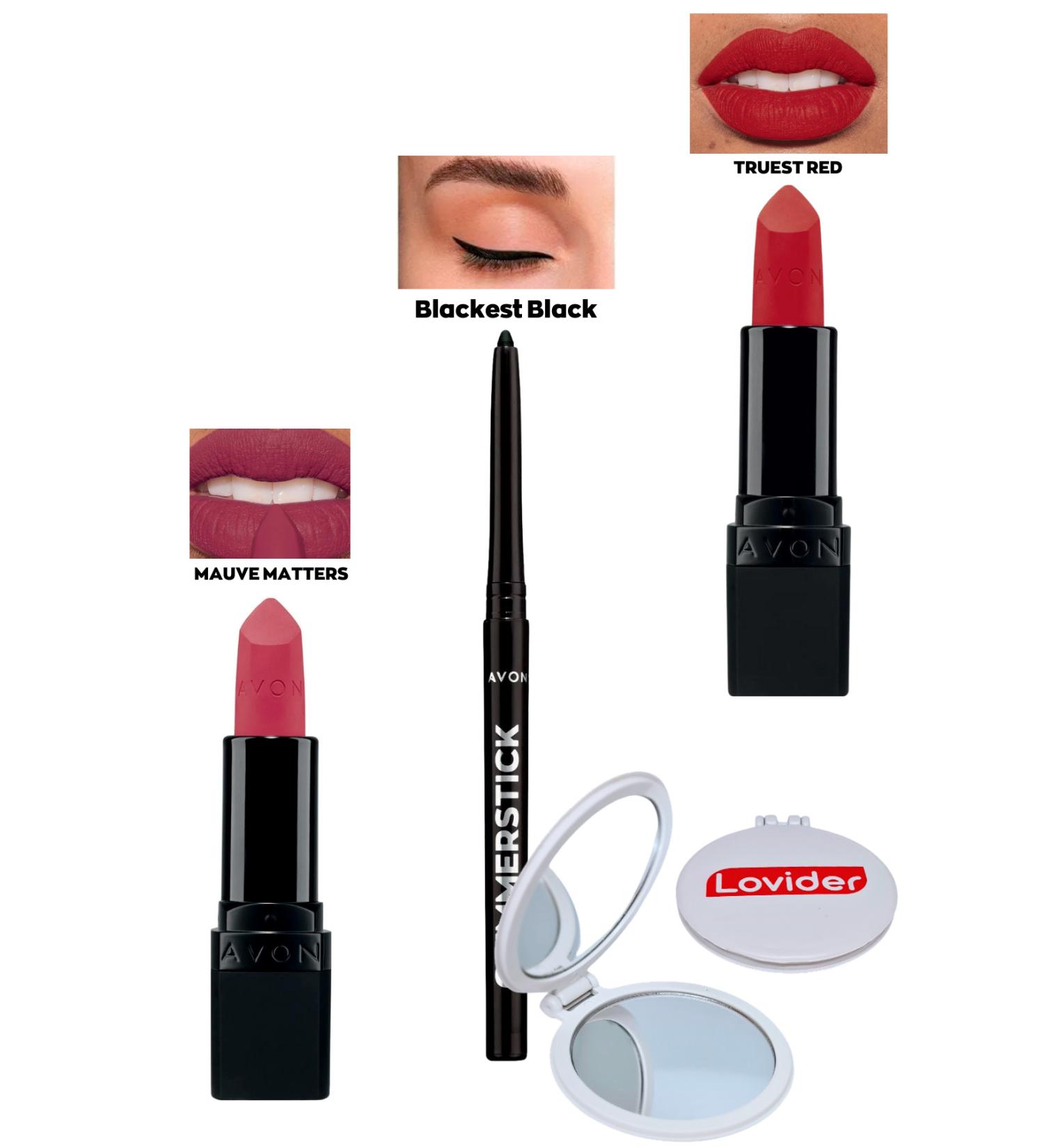 Avon Mauve Matters Matte Lipstick + Black Eyeliner + Truest Red Matte Lipstick + Lovider Pocket Mirror