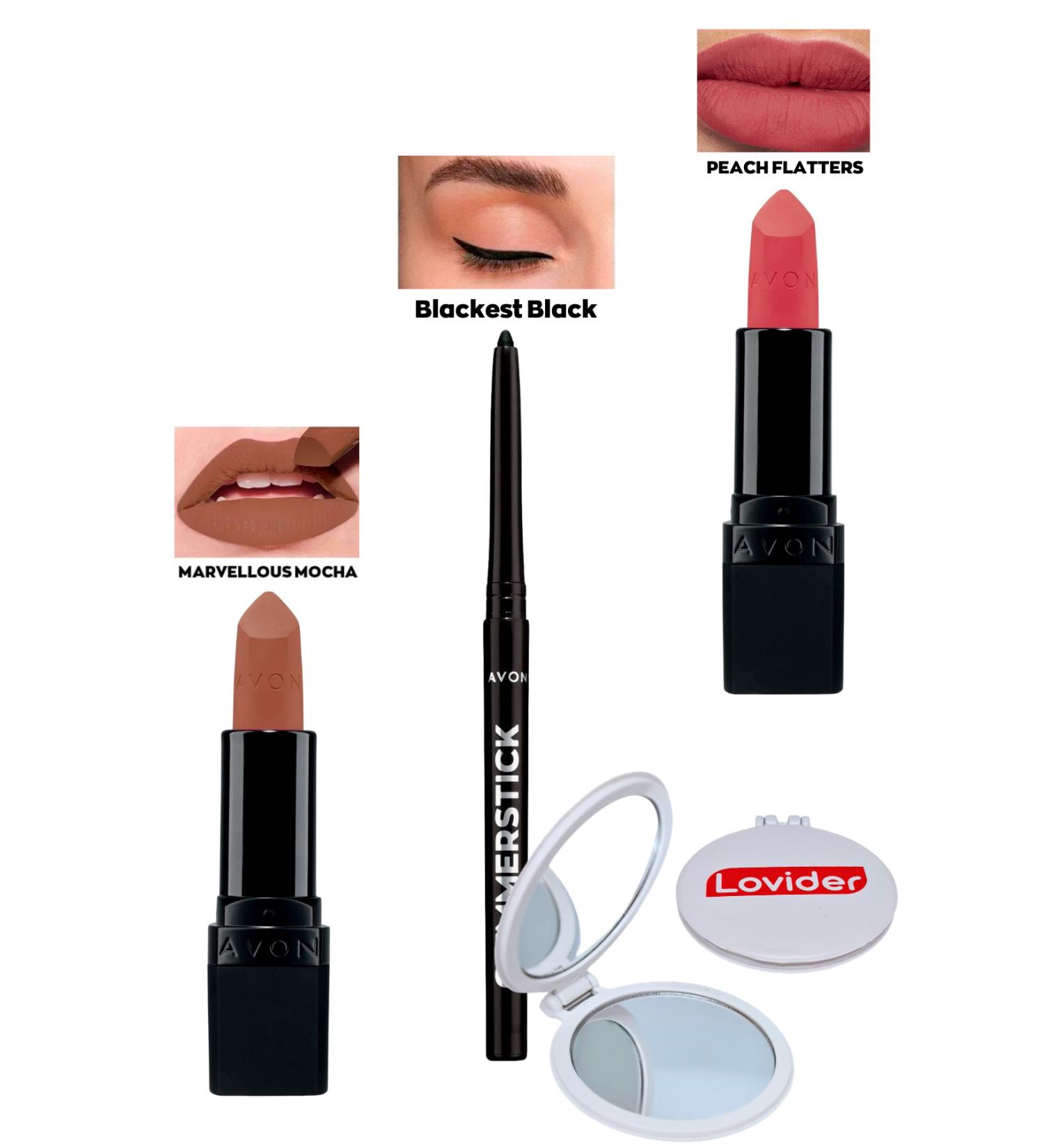 Avon Marvellous Mocha Matte Lipstick + Black Eyeliner + Peach Flatters Matte Lipstick + Lovider Pocket Mirror - Buy Online on GoSupps.com