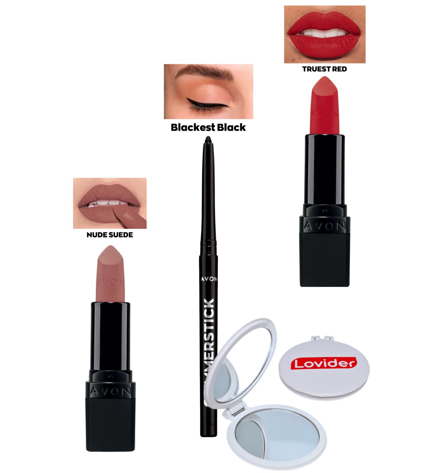 Avon Nude Suede Matte Lipstick + Black Eyeliner + Truest Red Matte Lipstick + Lovider Pocket Mirror