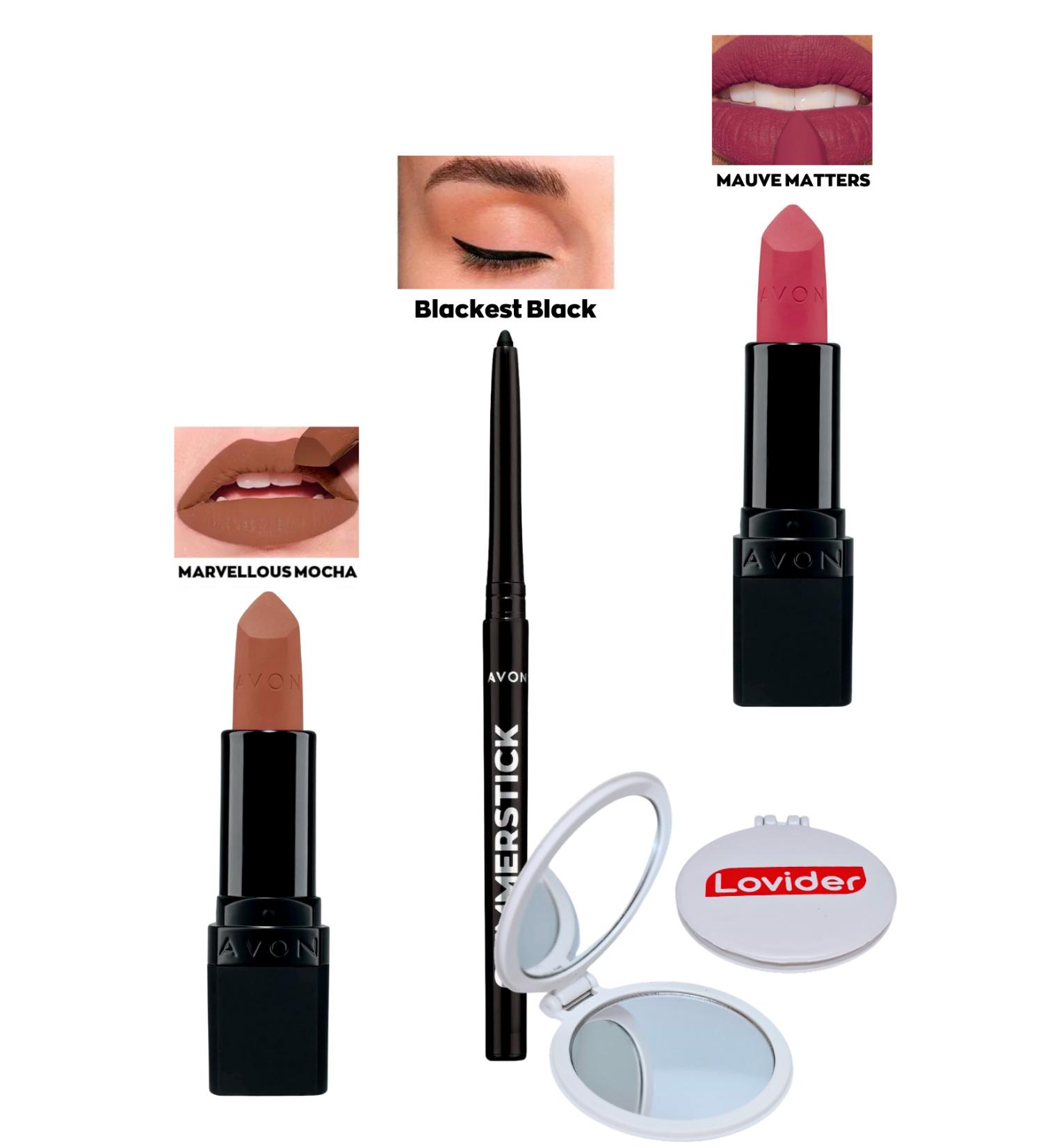 Avon Marvellous Mocha Matte Lipstick + Black Eyeliner + Mauve Matters Matte Lipstick + Lovider Pocket Mirror
