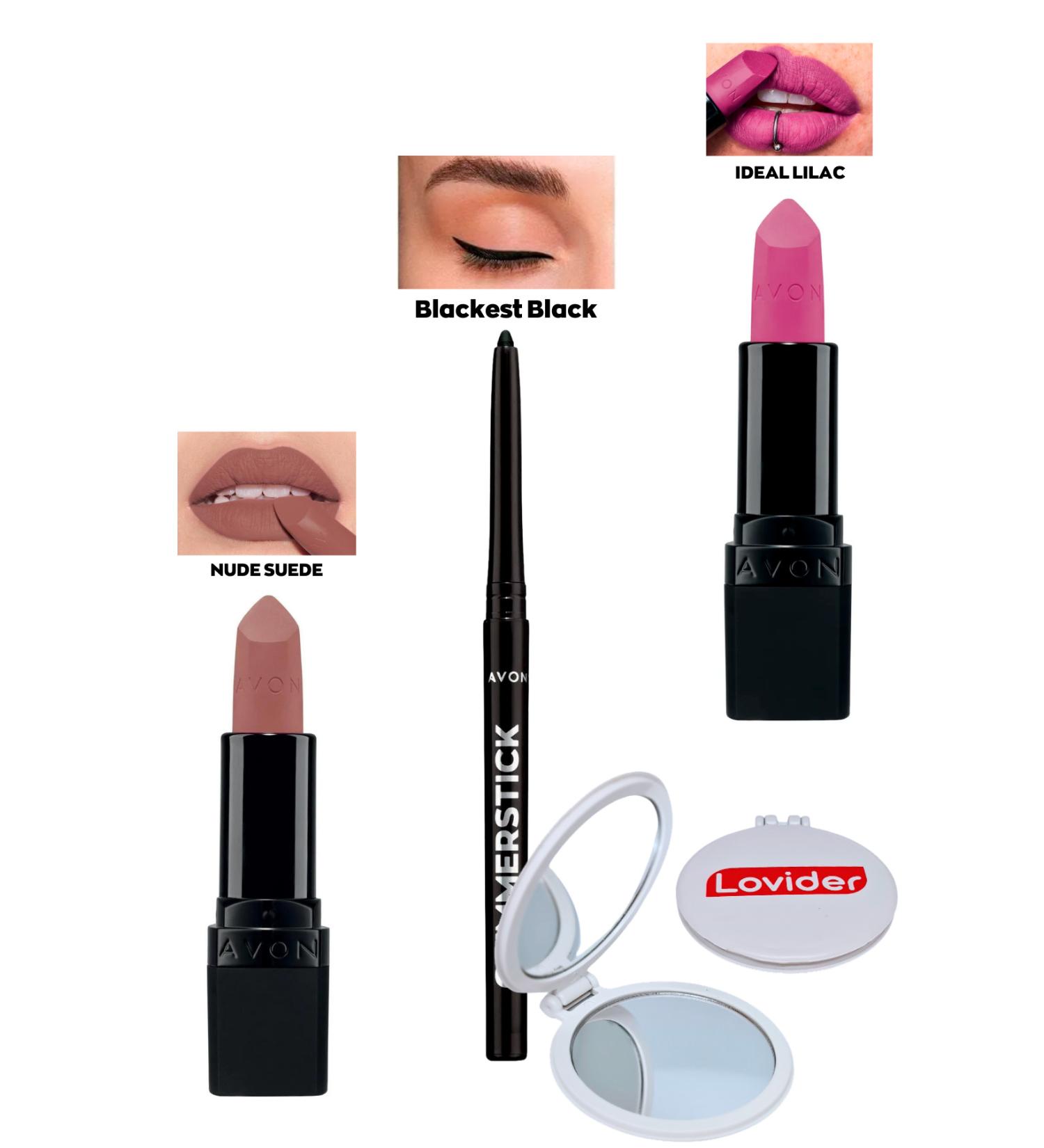 Avon Nude Suede Matte Lipstick + Black Eyeliner + Ideal Lilac Matte Lipstick + Lovider Pocket Mirror