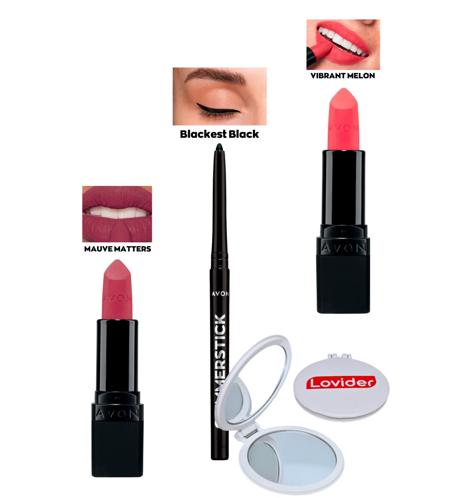 Avon Mauve Matters Matte Lipstick + Black Eyeliner + Vibrant Melon Matte Lipstick + Lovider Pocket Mirror