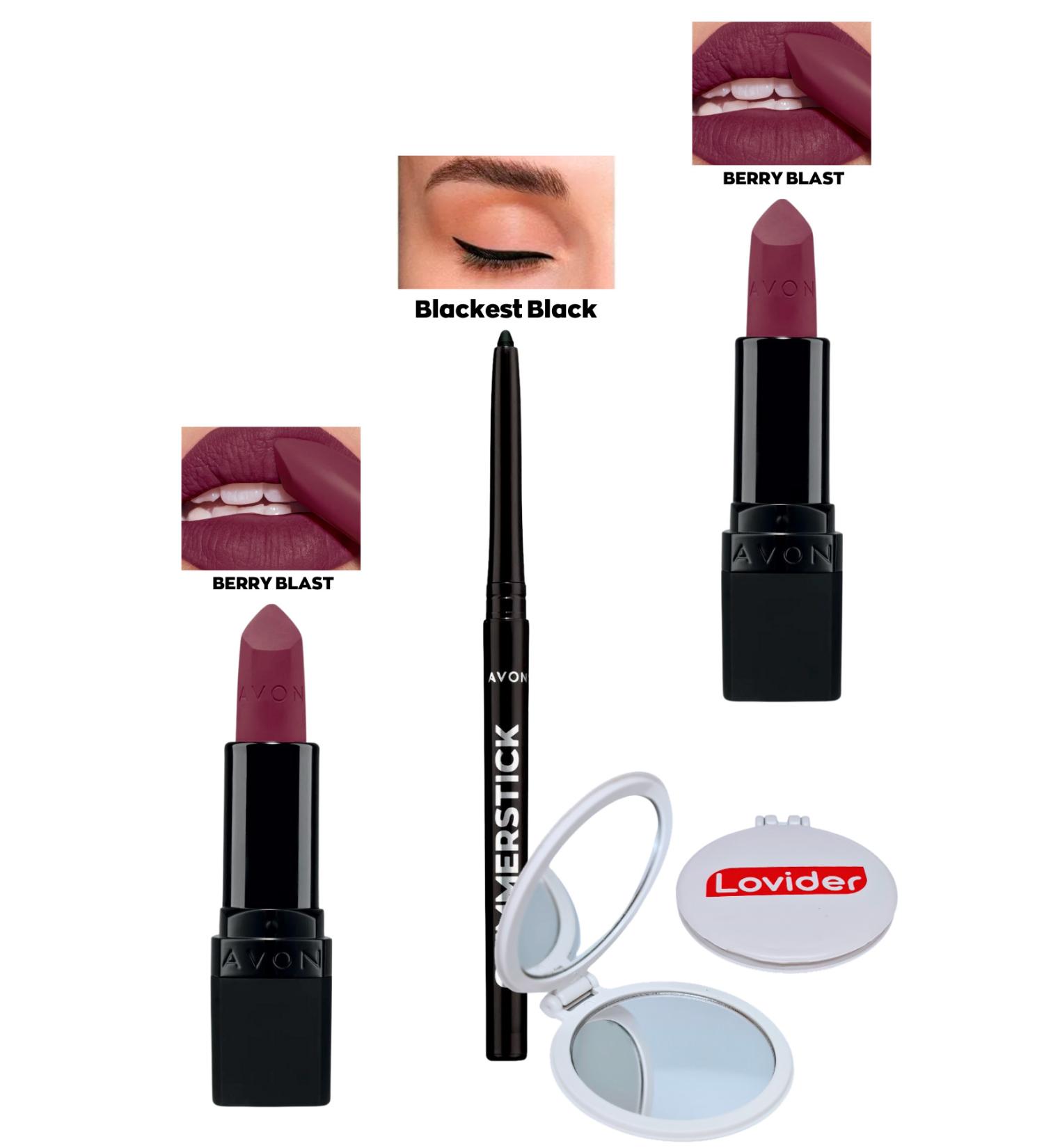 Avon Berry Blast Matte Lipstick x 2 Pieces + Black Eyeliner + Lovider Pocket Mirror