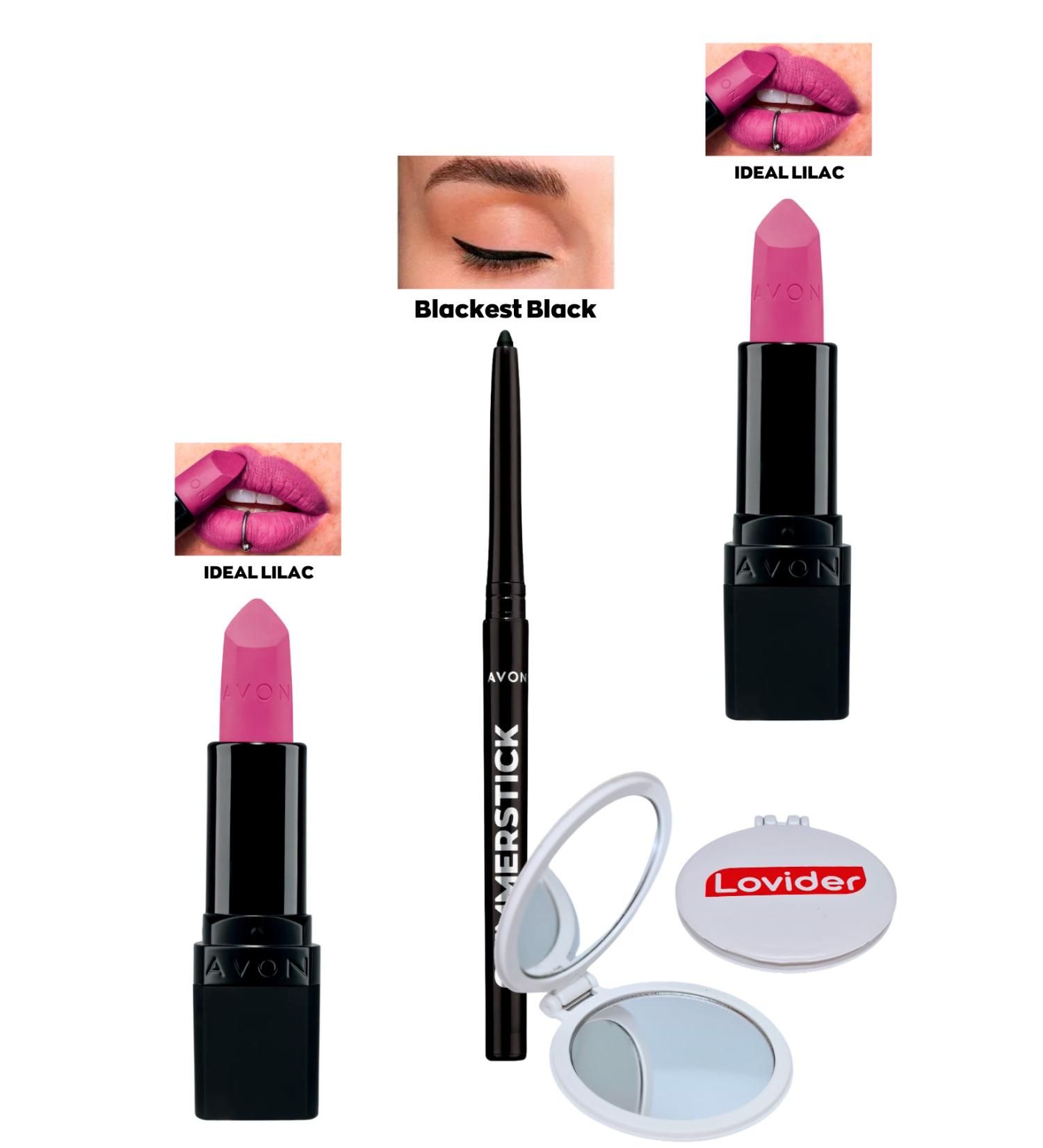 Avon Ideal Lilac Matte Lipstick x 2 Pieces + Black Eyeliner + Lovider Pocket Mirror