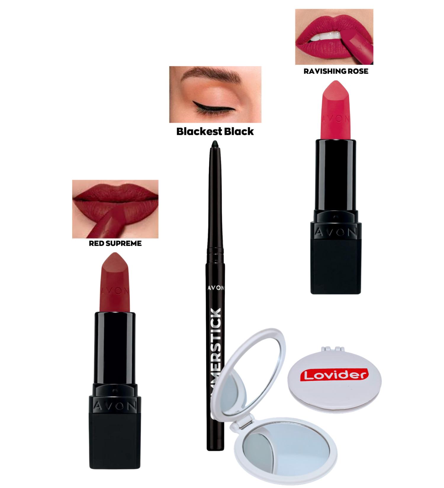 Avon Red Supreme Matte Lipstick + Black Eyeliner + Ravishing Rose Matte Lipstick + Lovider Pocket Mirror