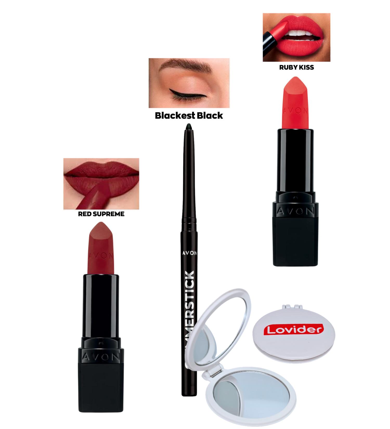 Avon Red Supreme Matte Lipstick + Black Eyeliner + Ruby Kiss Matte Lipstick + Lovider Pocket Mirror - Buy Online on GoSupps.com