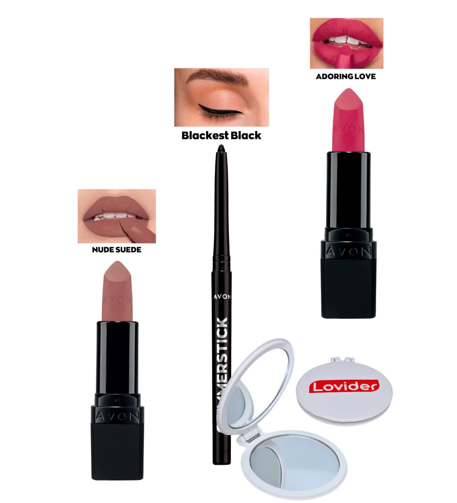 Avon Nude Suede Matte Lipstick + Black Eyeliner + Adoring Love Matte Lipstick + Lovider Pocket Mirror