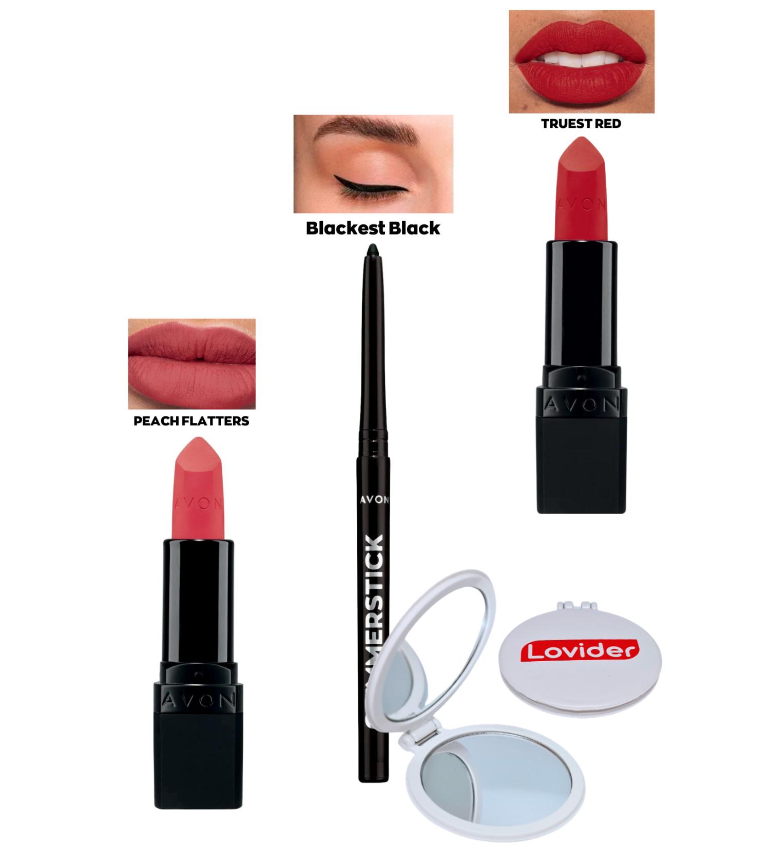 Avon Peach Flatters Matte Lipstick + Black Eyeliner + Truest Red Matte Lipstick + Lovider Pocket Mirror - Buy Online on GoSupps.com
