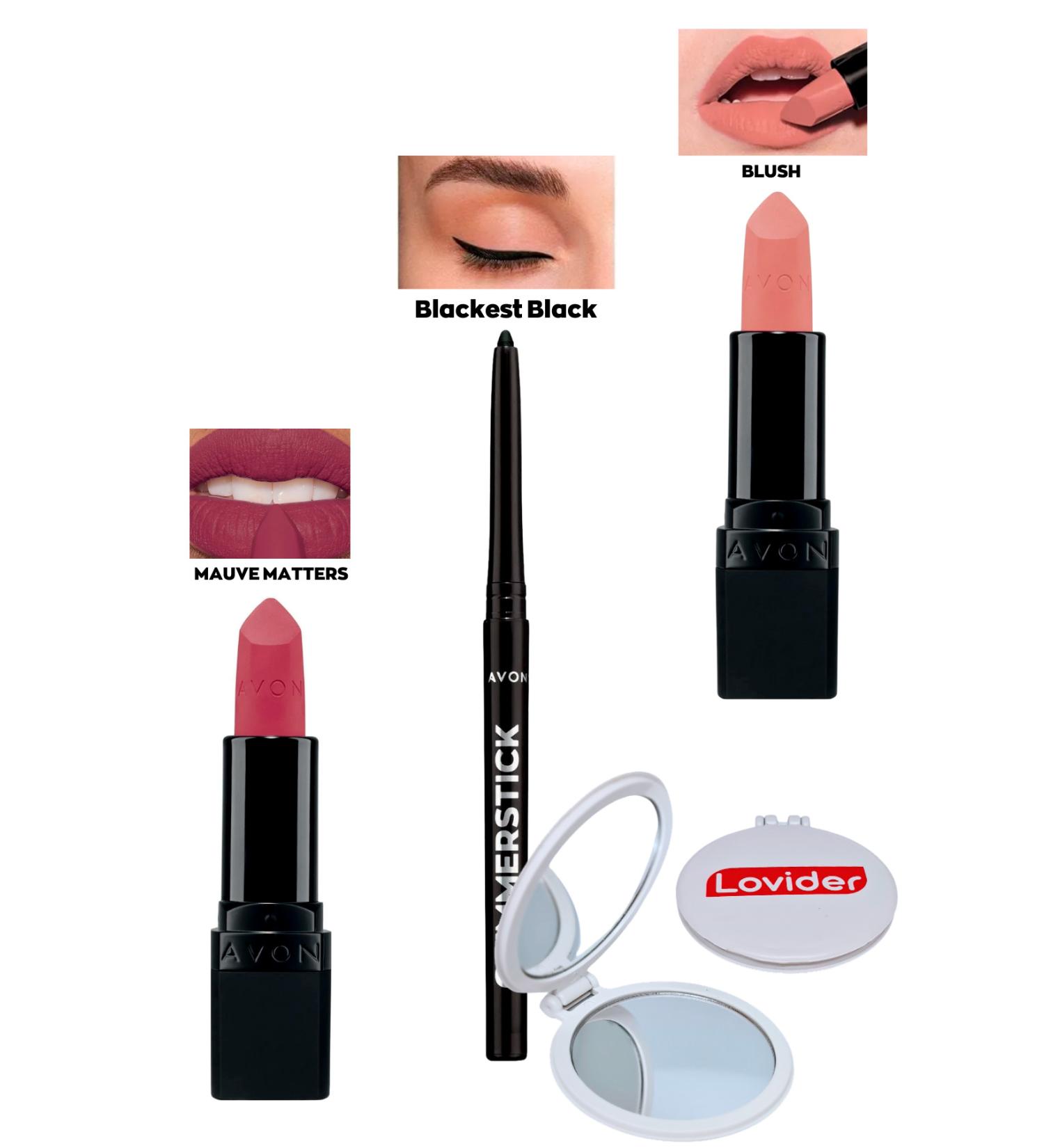 Avon Mauve Matters Matte Lipstick + Black Eyeliner + Blush Matte Lipstick + Lovider Pocket Mirror