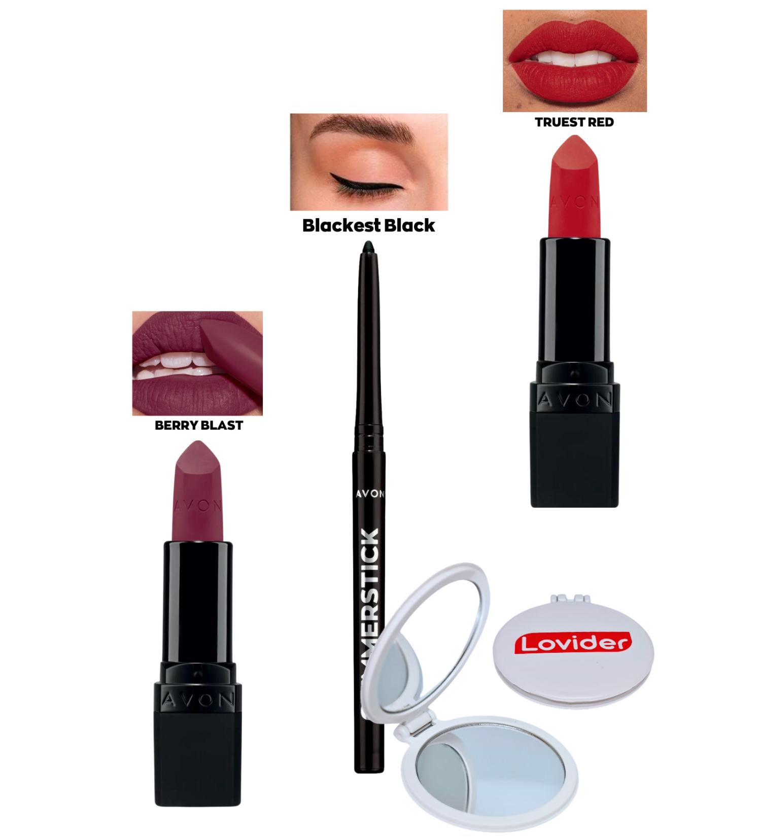 Avon Berry Blast Matte Lipstick + Black Eyeliner + Truest Red Matte Lipstick + Lovider Pocket Mirror