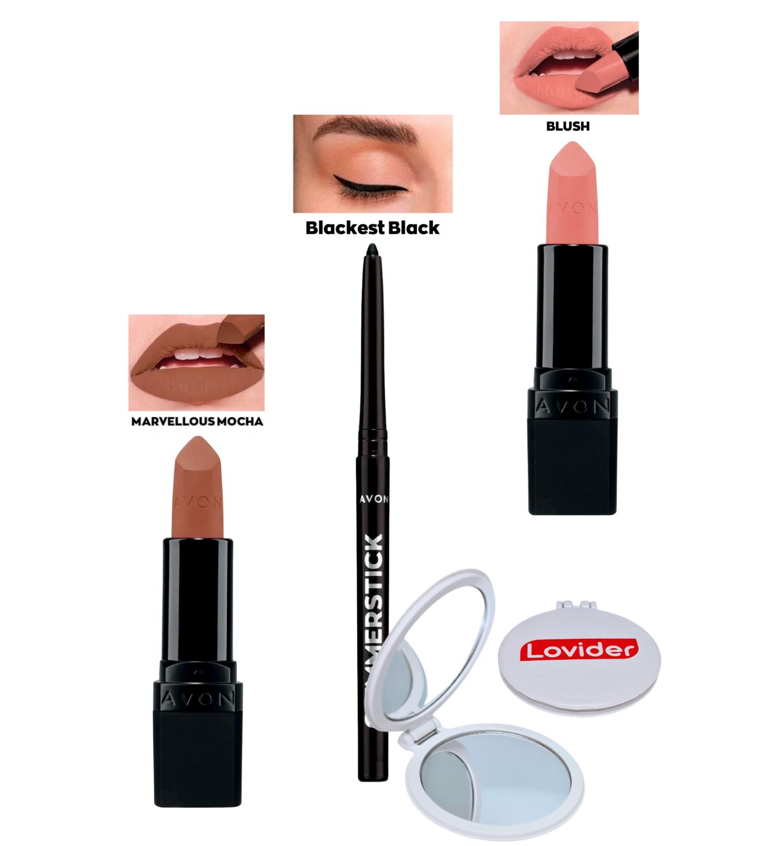 Avon Marvellous Mocha Matte Lipstick + Black Eyeliner + Blush Matte Lipstick + Lovider Pocket Mirror