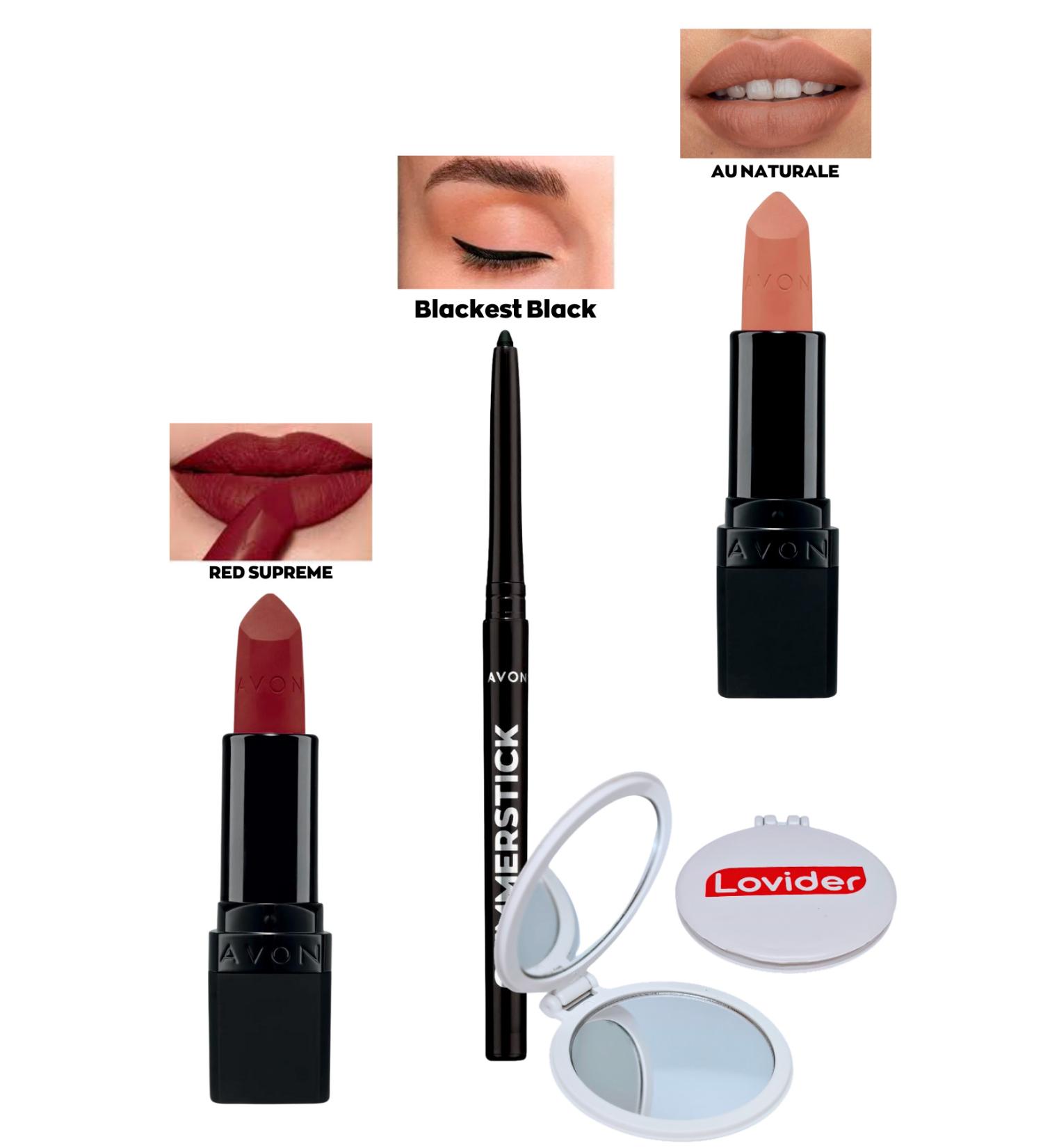 Avon Red Supreme Matte Lipstick + Black Eyeliner + Au Naturale Matte Lipstick + Lovider Pocket Mirror