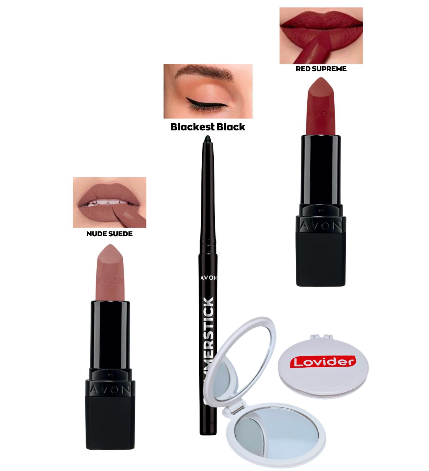 Avon Nude Suede Matte Lipstick + Black Eyeliner + Red Supreme Matte Lipstick + Lovider Pocket Mirror - Buy Online on GoSupps.com