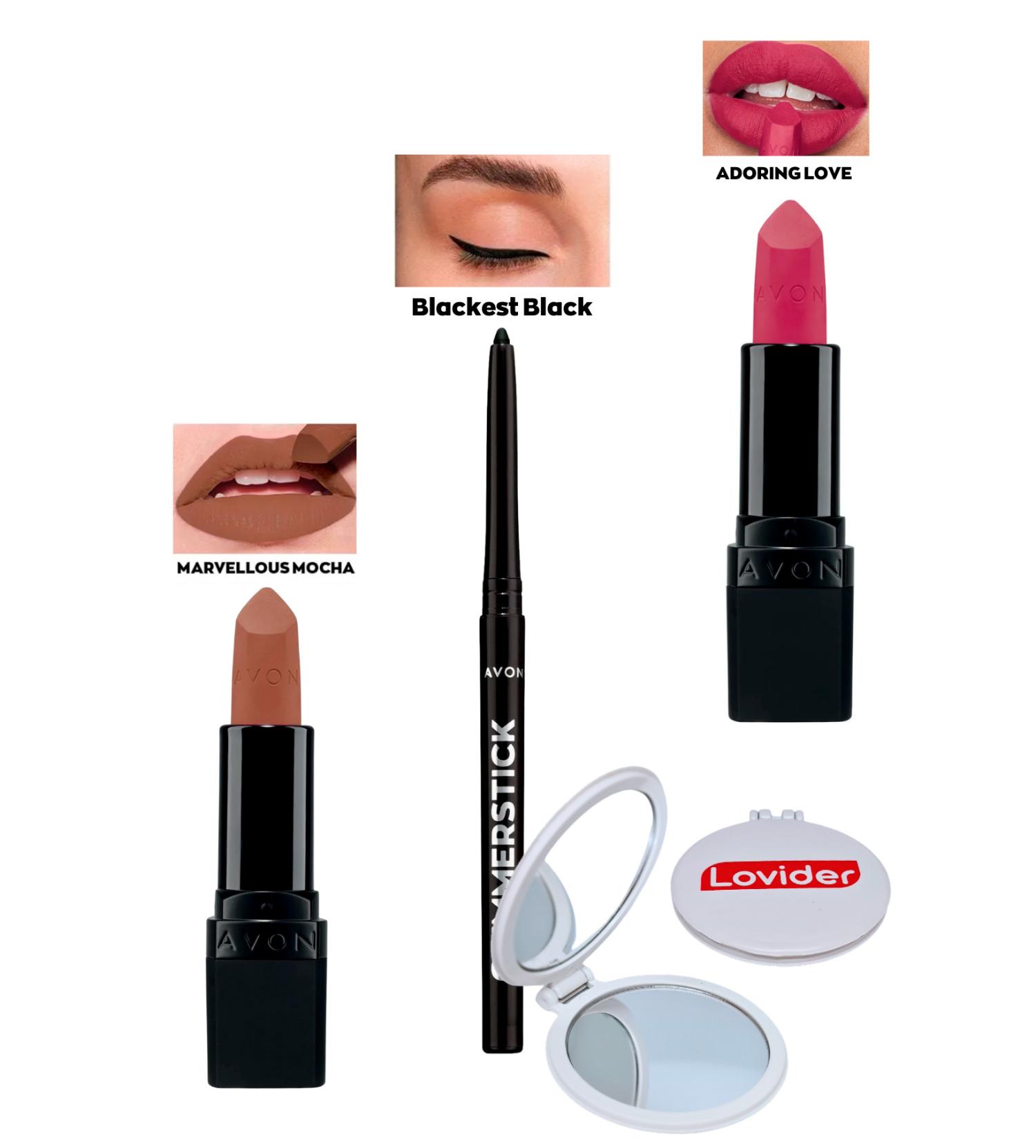 Avon Marvellous Mocha Matte Lipstick + Black Eyeliner + Adoring Love Matte Lipstick + Lovider Pocket Mirror