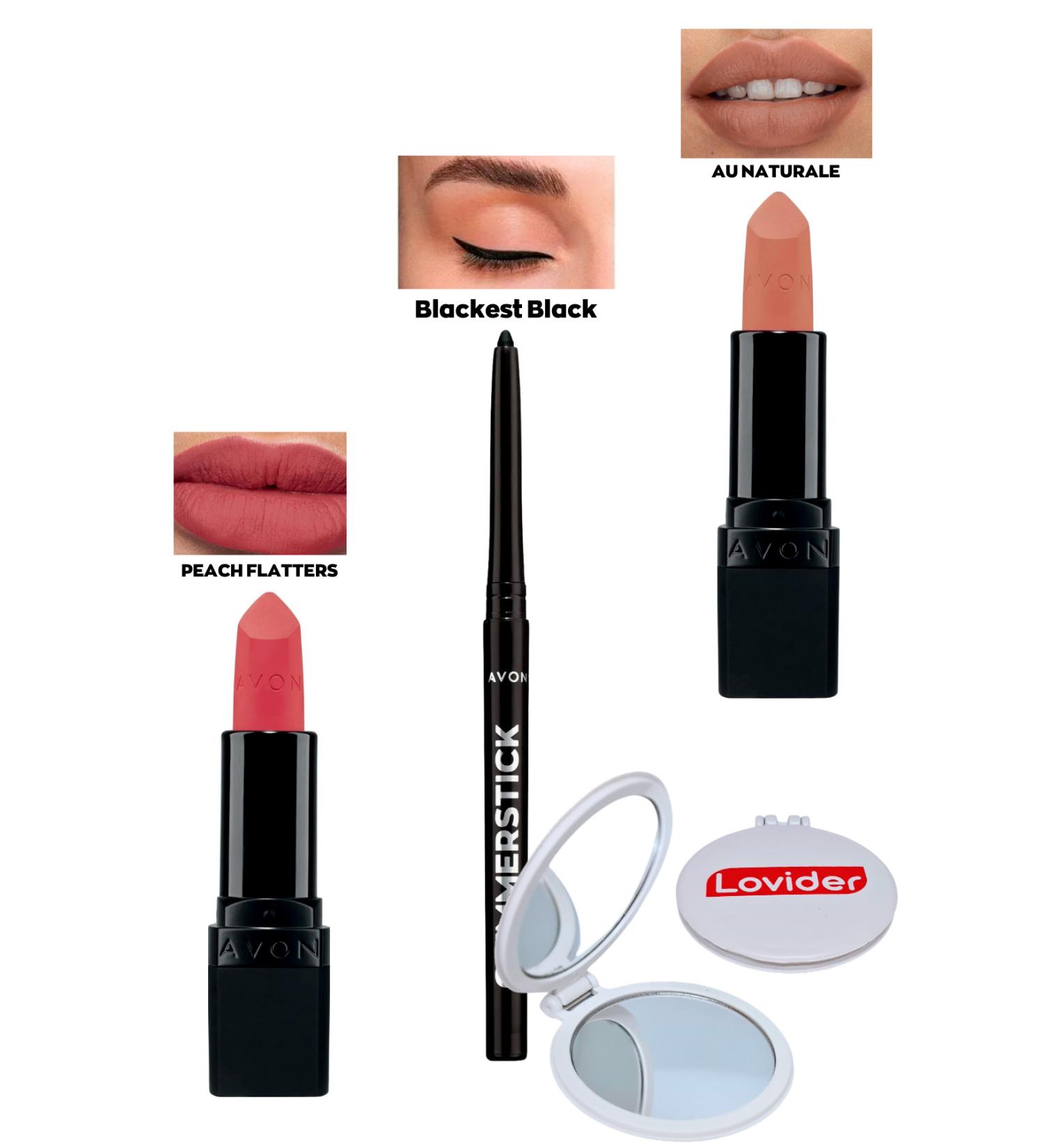 Avon Peach Flatters Matte Lipstick + Black Eyeliner + Au Naturale Matte Lipstick + Lovider Pocket Mirror