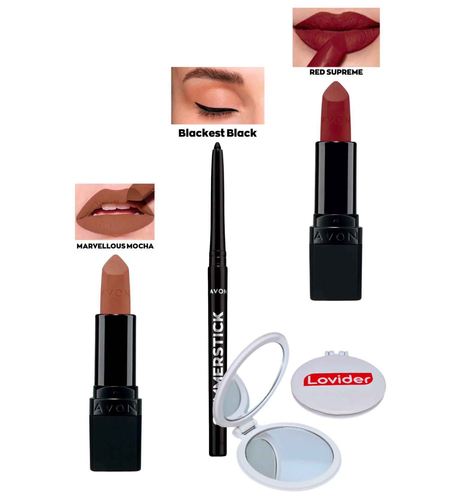 Avon Marvellous Mocha Matte Lipstick + Black Eyeliner + Red Supreme Matte Lipstick + Lovider Pocket Mirror - Buy Online on GoSupps.com