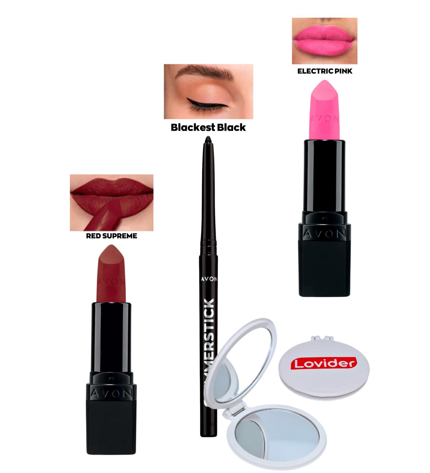 Avon Red Supreme Matte Lipstick + Black Eyeliner + Electric Pink Matte Lipstick + Lovider Pocket Mirror