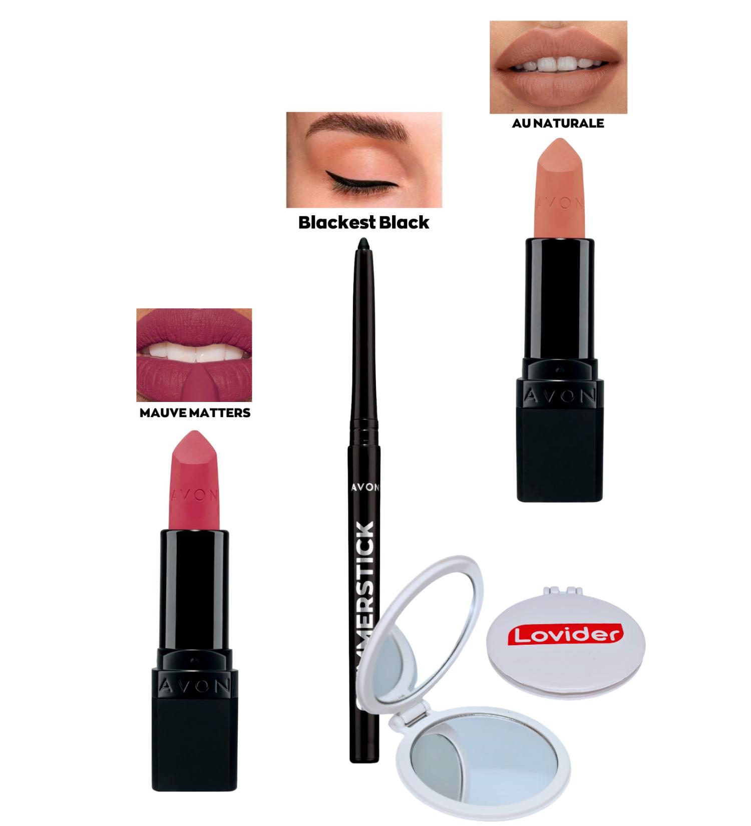 Avon Mauve Matters Matte Lipstick + Black Eyeliner + Au Naturale Matte Lipstick + Lovider Pocket Mirror