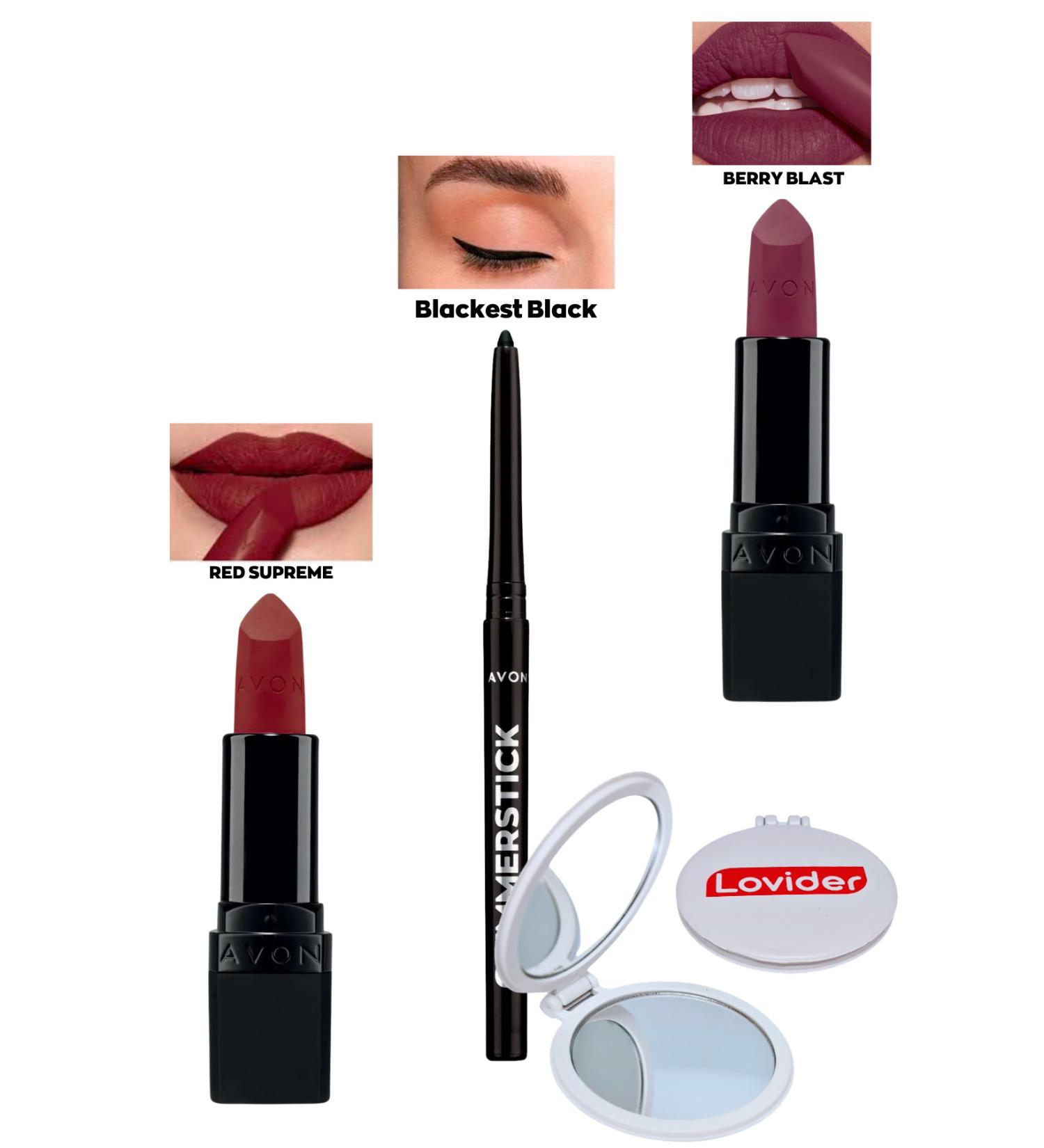 Avon Red Supreme Matte Lipstick + Black Eyeliner + Berry Blast Matte Lipstick + Lovider Pocket Mirror
