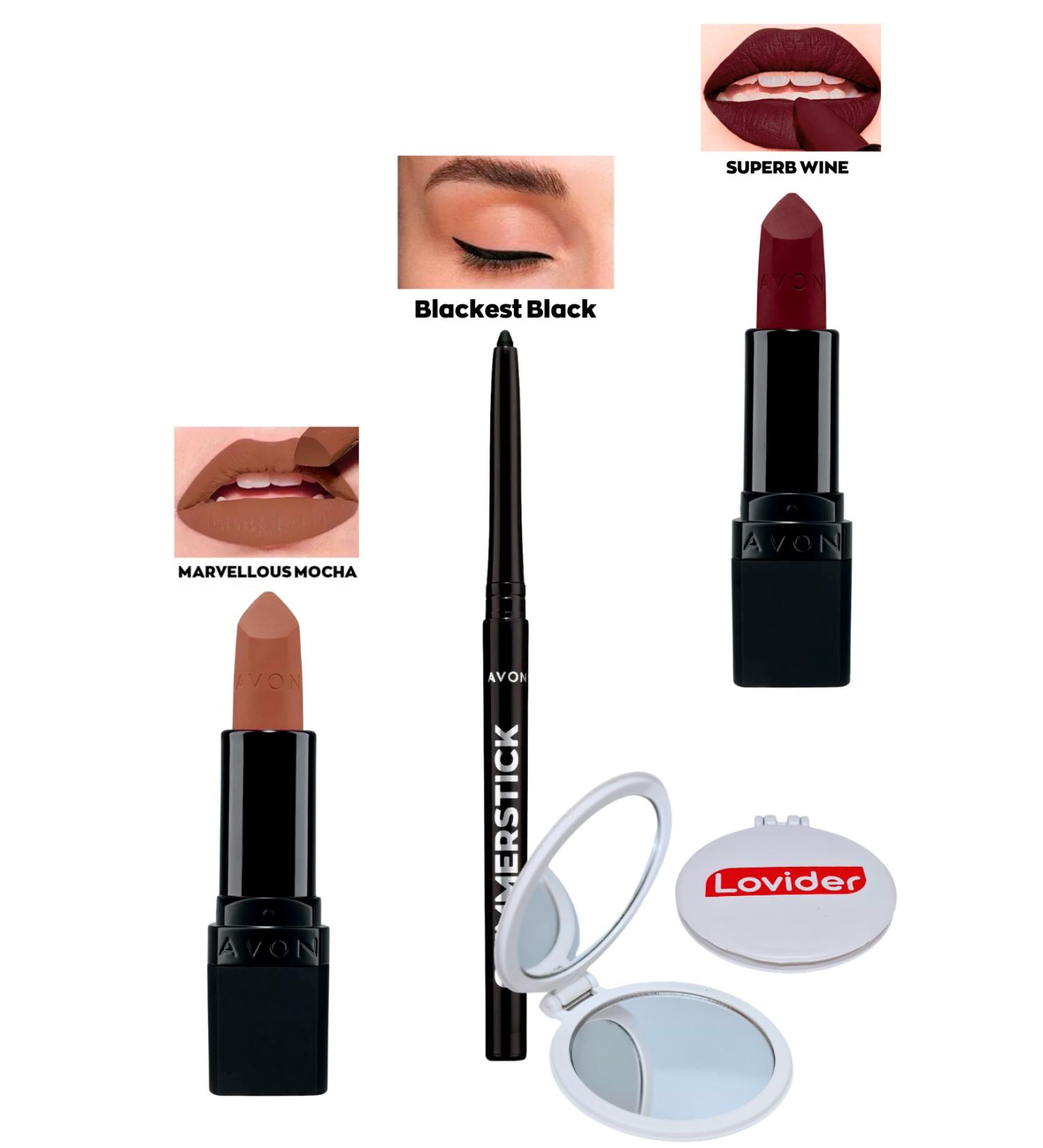 Avon Marvellous Mocha Matte Lipstick + Black Eyeliner + Superb Wine Matte Lipstick + Lovider Pocket Mirror