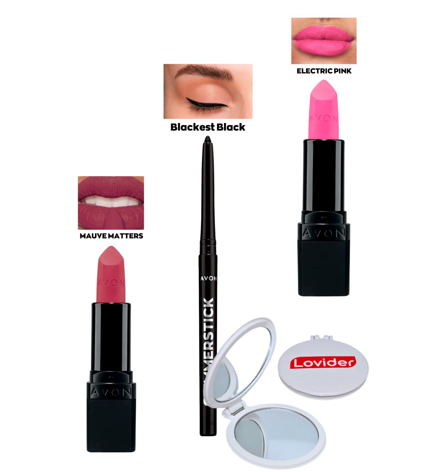 Avon Mauve Matters Matte Lipstick + Black Eyeliner + Electric Pink Matte Lipstick + Lovider Pocket Mirror