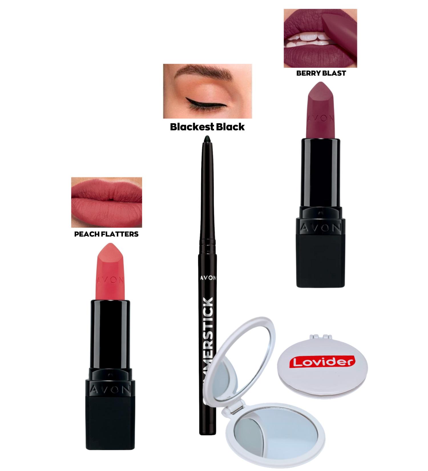 Avon Peach Flatters Matte Lipstick + Black Eyeliner + Berry Blast Matte Lipstick + Lovider Pocket Mirror