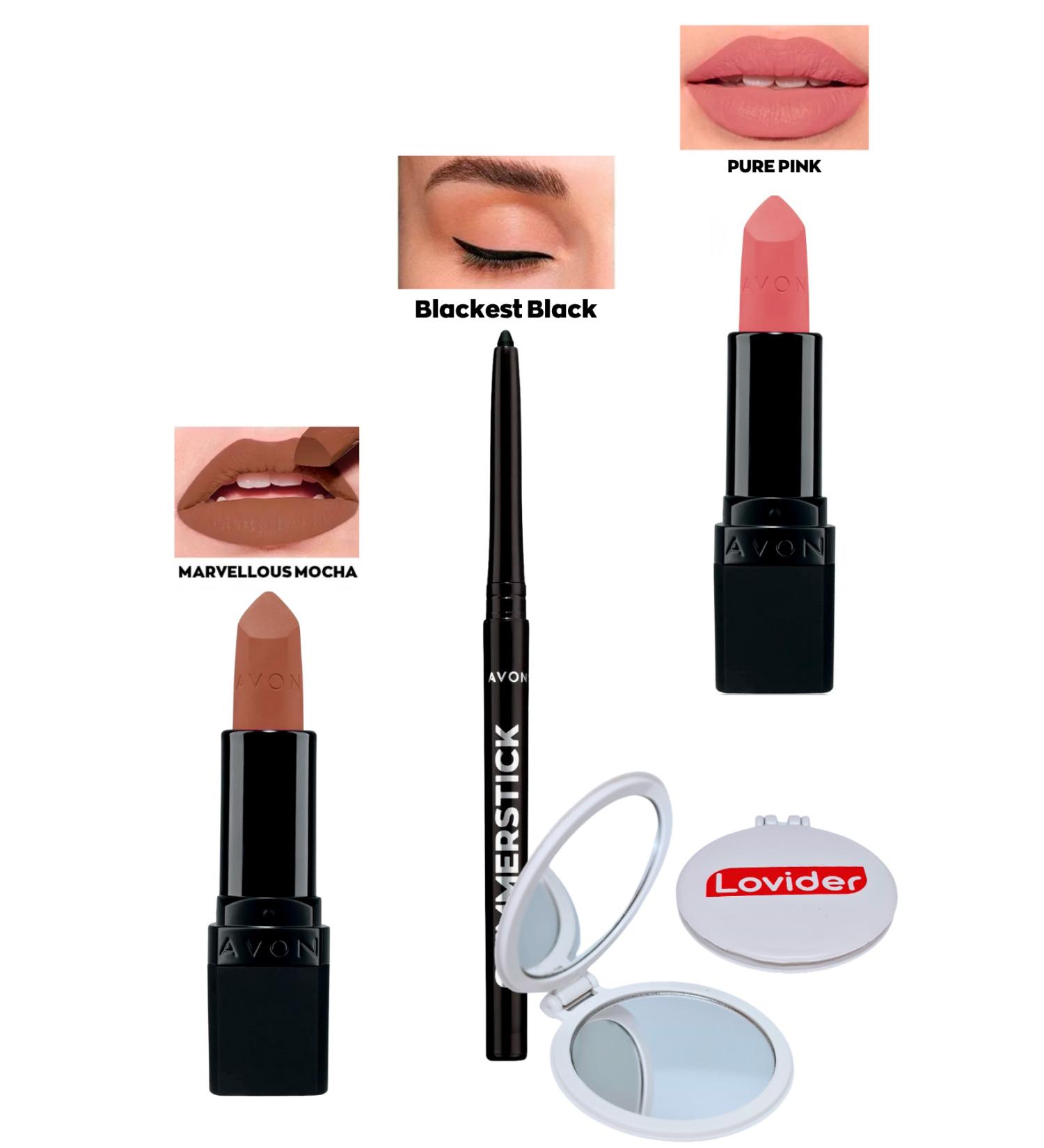 Avon Marvellous Mocha Matte Lipstick + Black Eyeliner + Pure Pink Matte Lipstick + Lovider Pocket Mirror