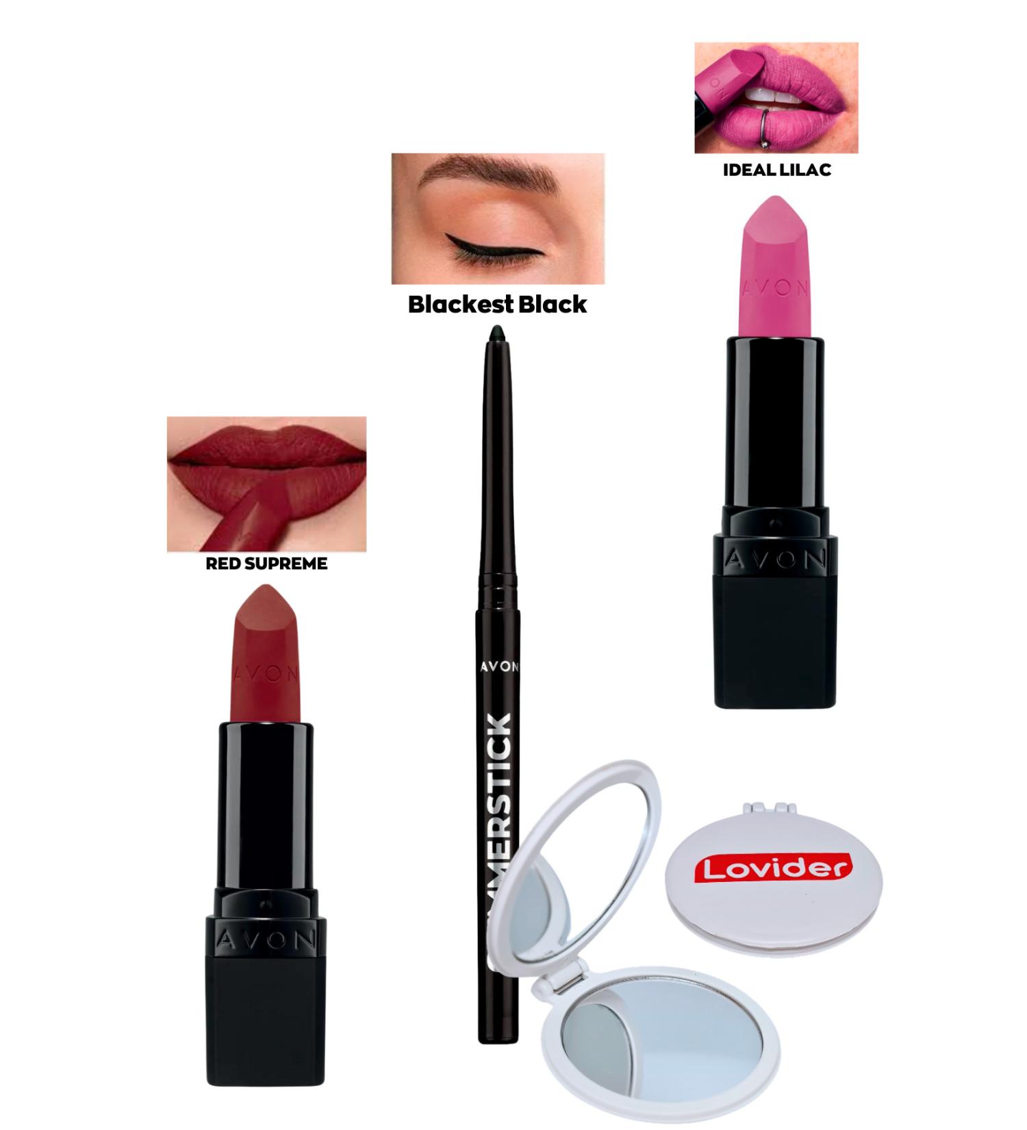 Avon Red Supreme Matte Lipstick + Black Eyeliner + Ideal Lilac Matte Lipstick + Lovider Pocket Mirror - Buy Online on GoSupps.com