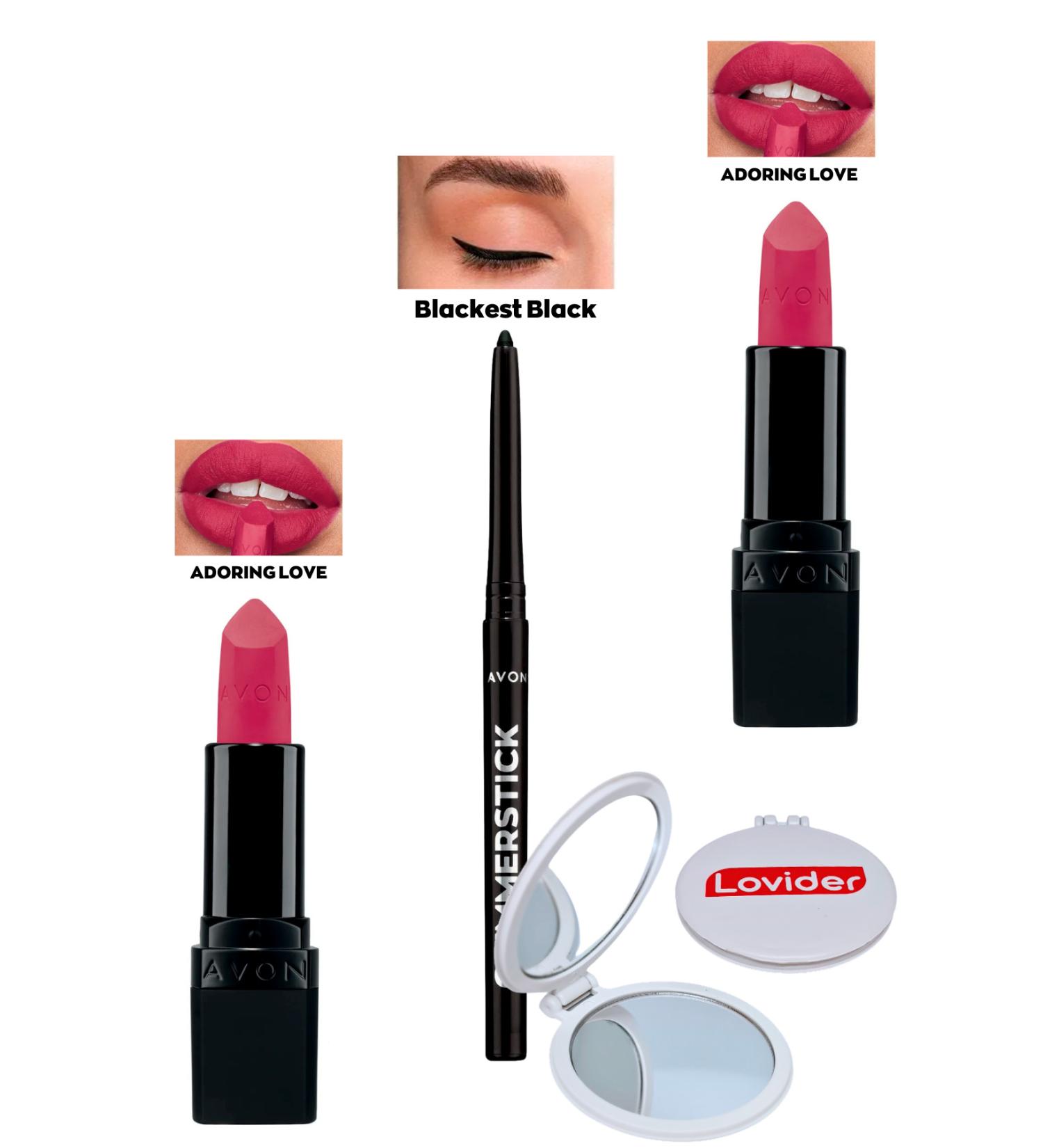 Avon Adoring Love Matte Lipstick x 2 Pieces + Black Eyeliner + Lovider Pocket Mirror