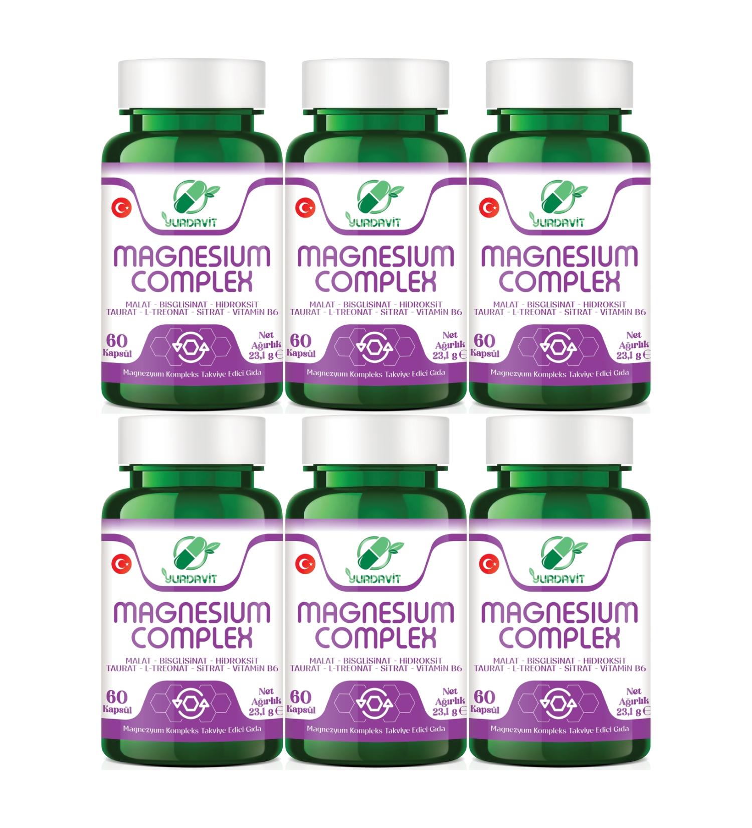 Yurdavit Magnesium Complex 6x60 Capsule Malate Bisglycinate Hydroxide Taurate L-Threonate Citrate B6