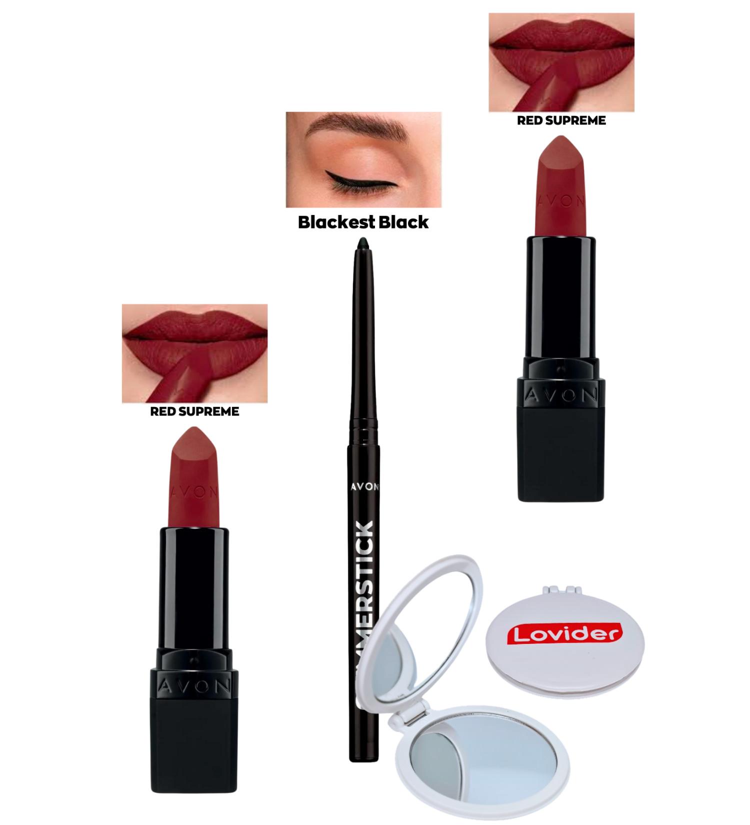 Avon Red Supreme Matte Lipstick x 2 Pieces + Black Eyeliner + Lovider Pocket Mirror - Buy Online on GoSupps.com