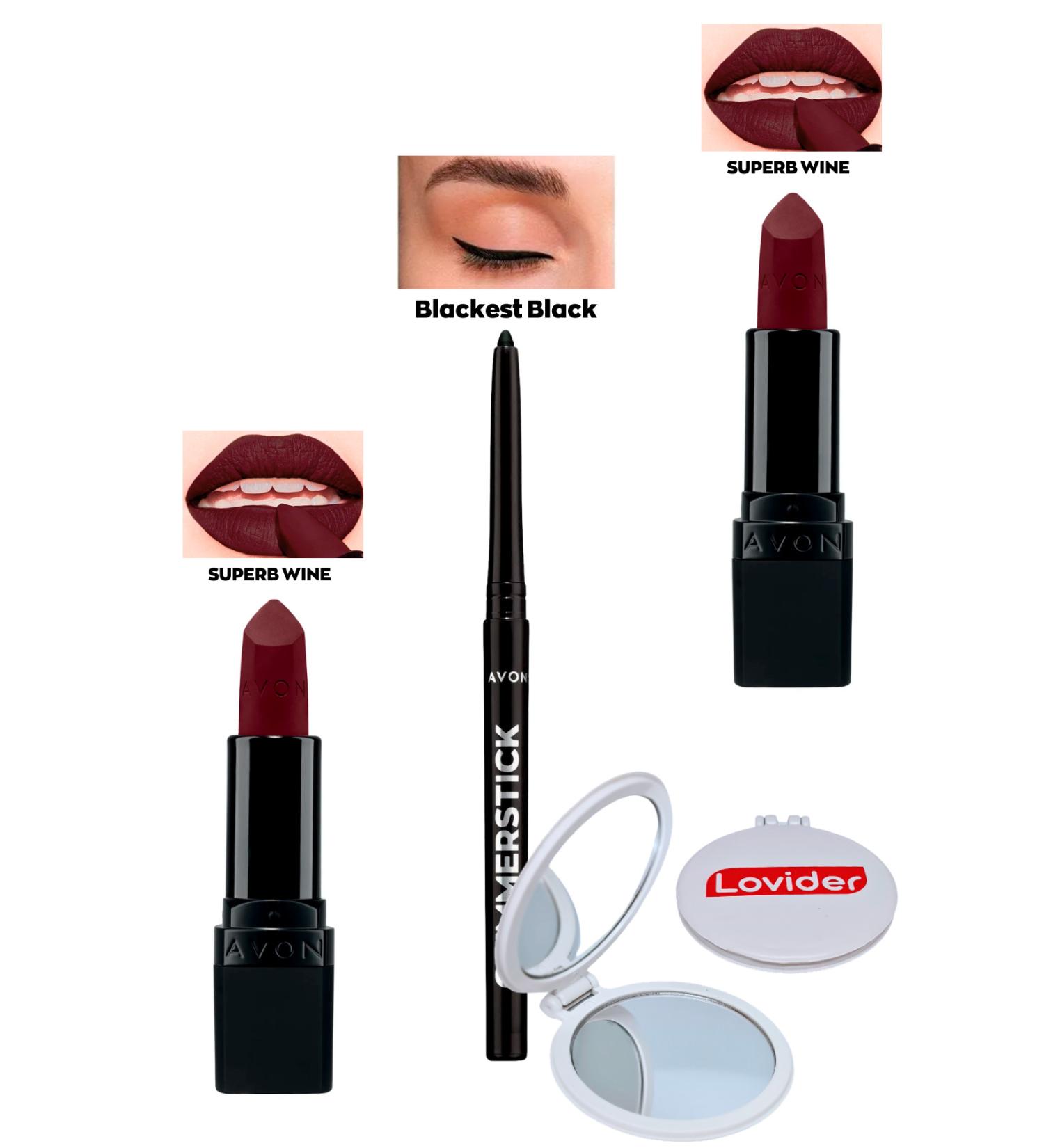 Avon Superb Wine Matte Lipstick x 2 Pieces + Black Eyeliner + Lovider Pocket Mirror - Buy Online on GoSupps.com