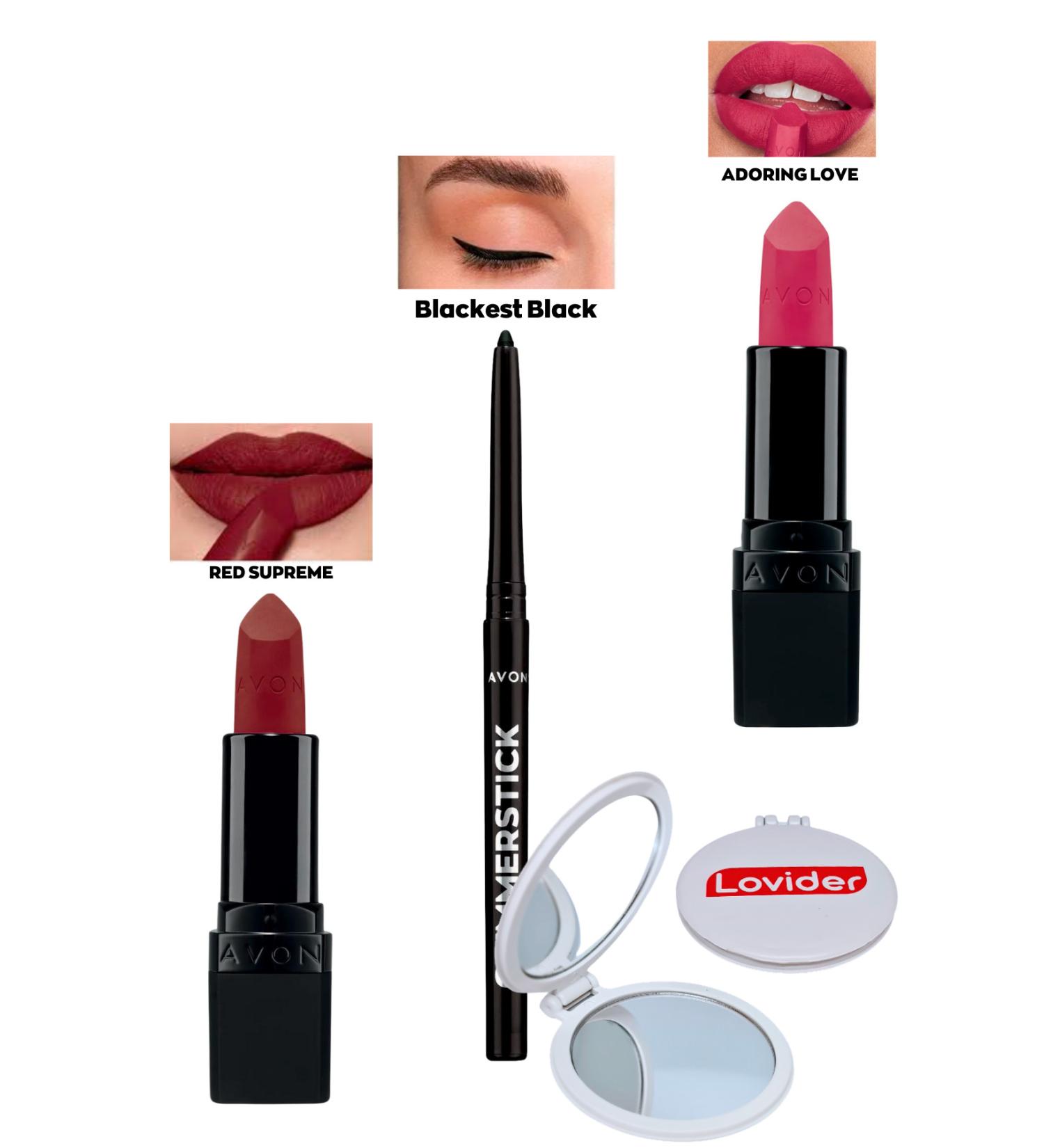 Avon Red Supreme Matte Lipstick + Black Eyeliner + Adoring Love Matte Lipstick + Lovider Pocket Mirror