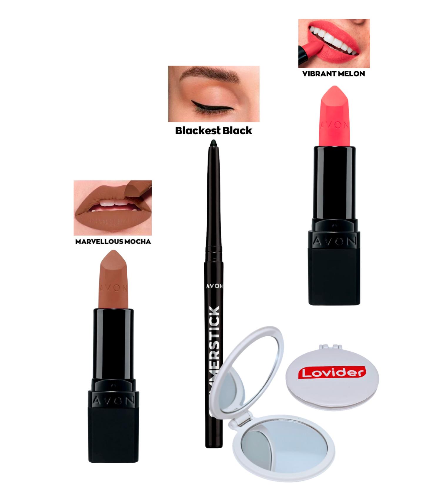 Avon Marvellous Mocha Matte Lipstick + Black Eyeliner + Vibrant Melon Matte Lipstick + Lovider Pocket Mirror