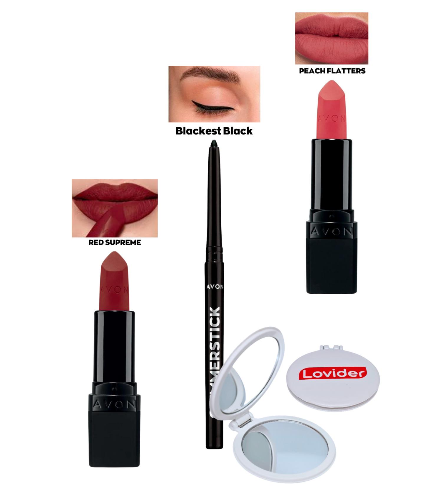 Avon Red Supreme Matte Lipstick + Black Eyeliner + Peach Flatters Matte Lipstick + Lovider Pocket Mirror