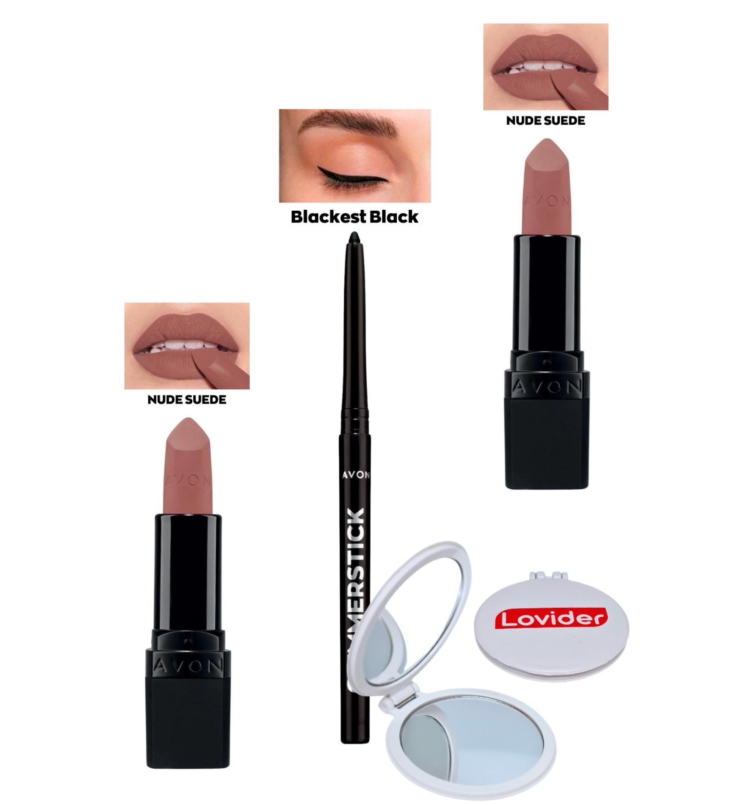 Avon Nude Suede Matte Lipstick x 2 Pieces + Black Eyeliner + Lovider Pocket Mirror