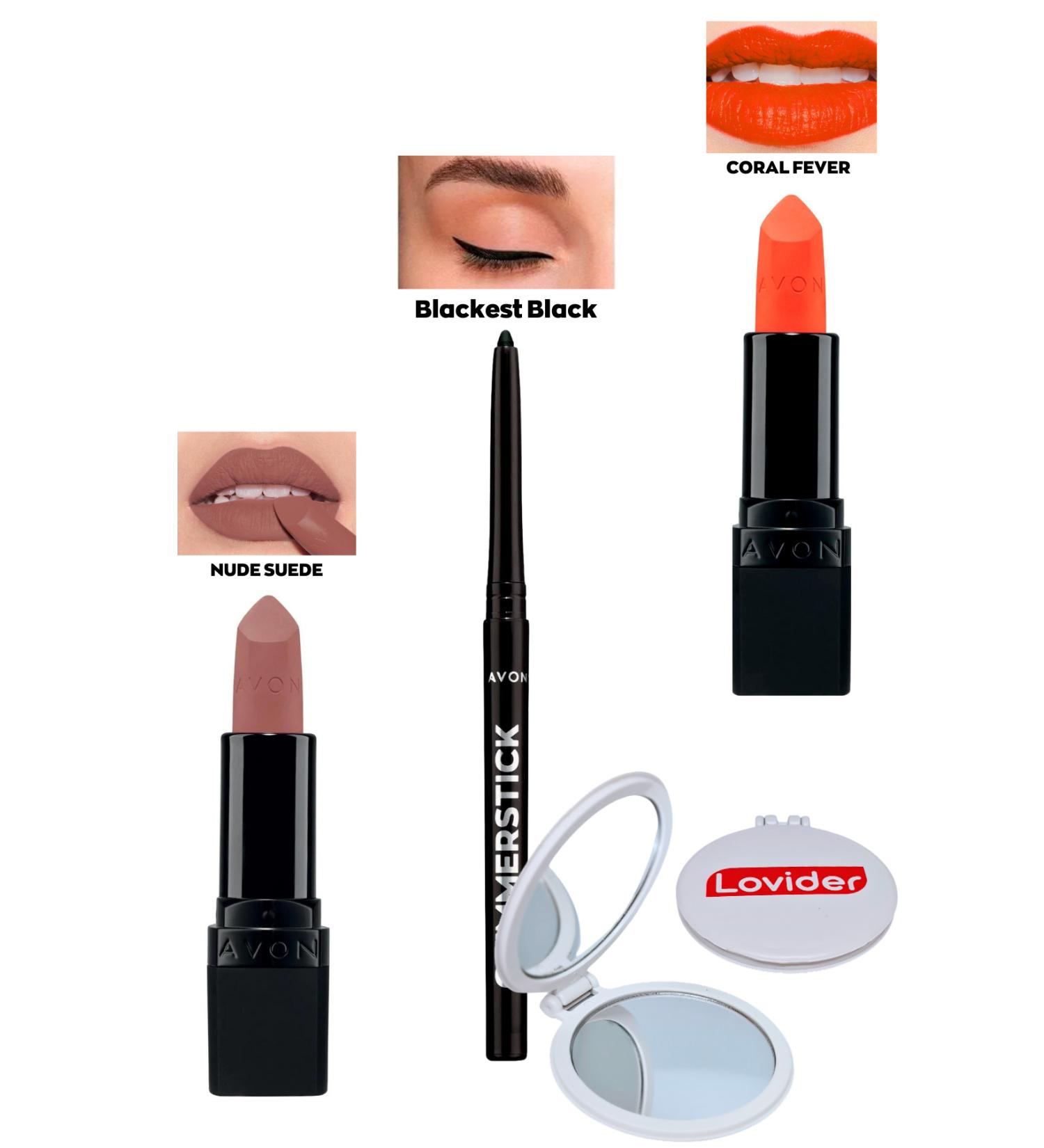 Avon Nude Suede Matte Lipstick + Black Eyeliner + Coral Fever Matte Lipstick + Lovider Pocket Mirror