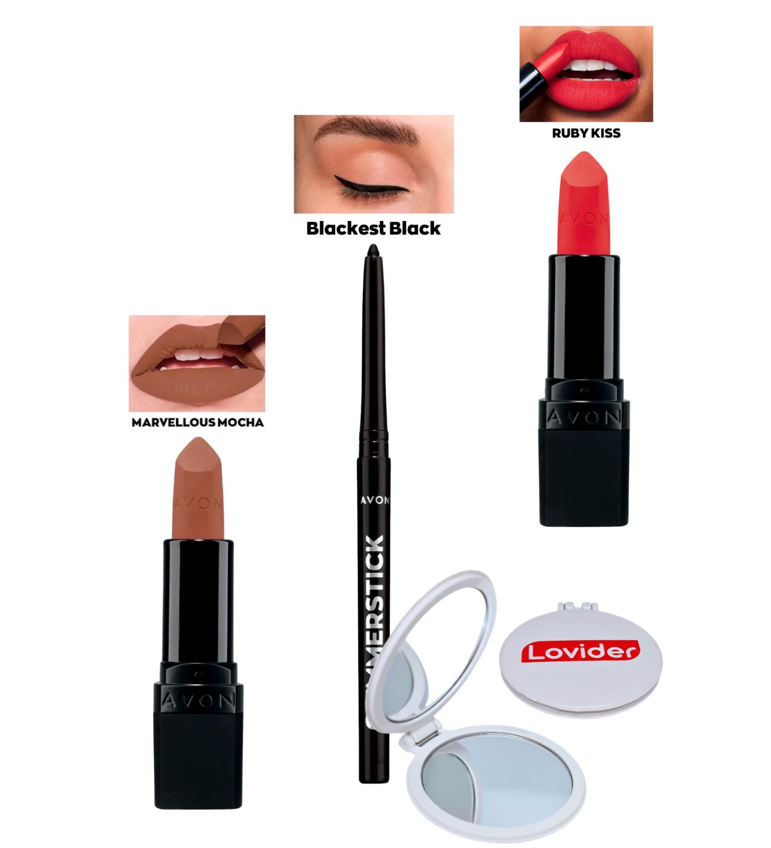 Avon Marvellous Mocha Matte Lipstick + Black Eyeliner + Ruby Kiss Matte Lipstick + Lovider Pocket Mirror