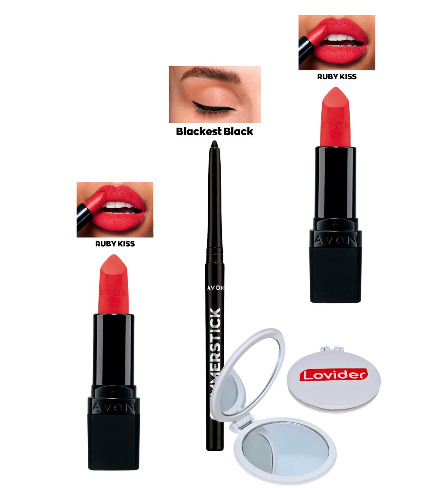 Avon Ruby Kiss Matte Lipstick x 2 + Black Eyeliner + Lovider Pocket Mirror