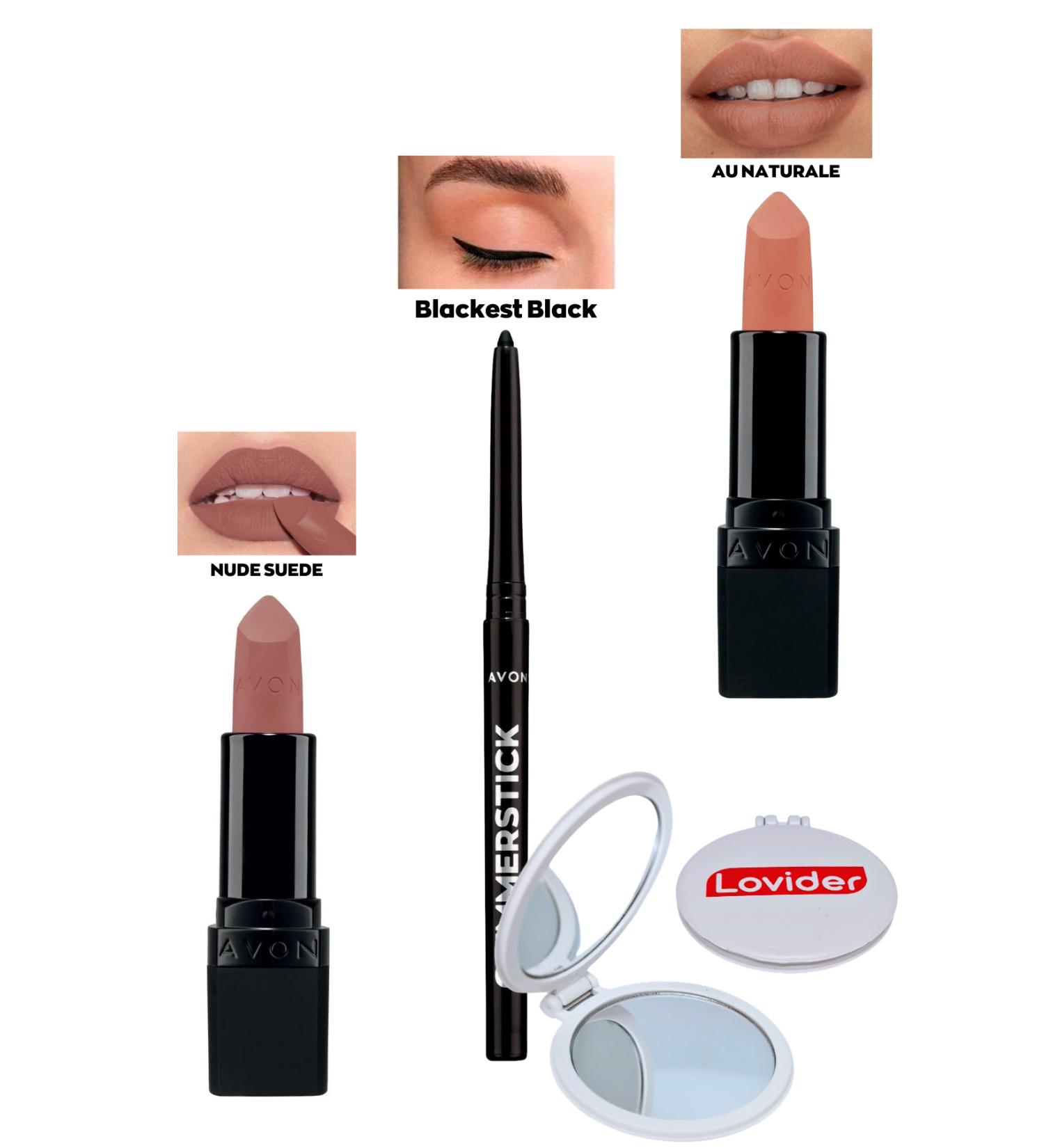 Avon Nude Suede Matte Lipstick + Black Eyeliner + Au Naturale Matte Lipstick + Lovider Pocket Mirror