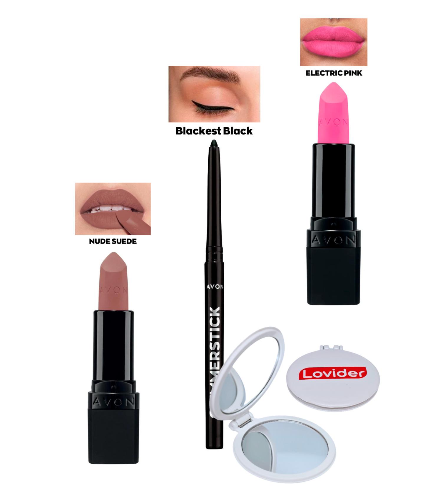 Avon Nude Suede Matte Lipstick + Black Eyeliner + Electric Pink Matte Lipstick + Lovider Pocket Mirror